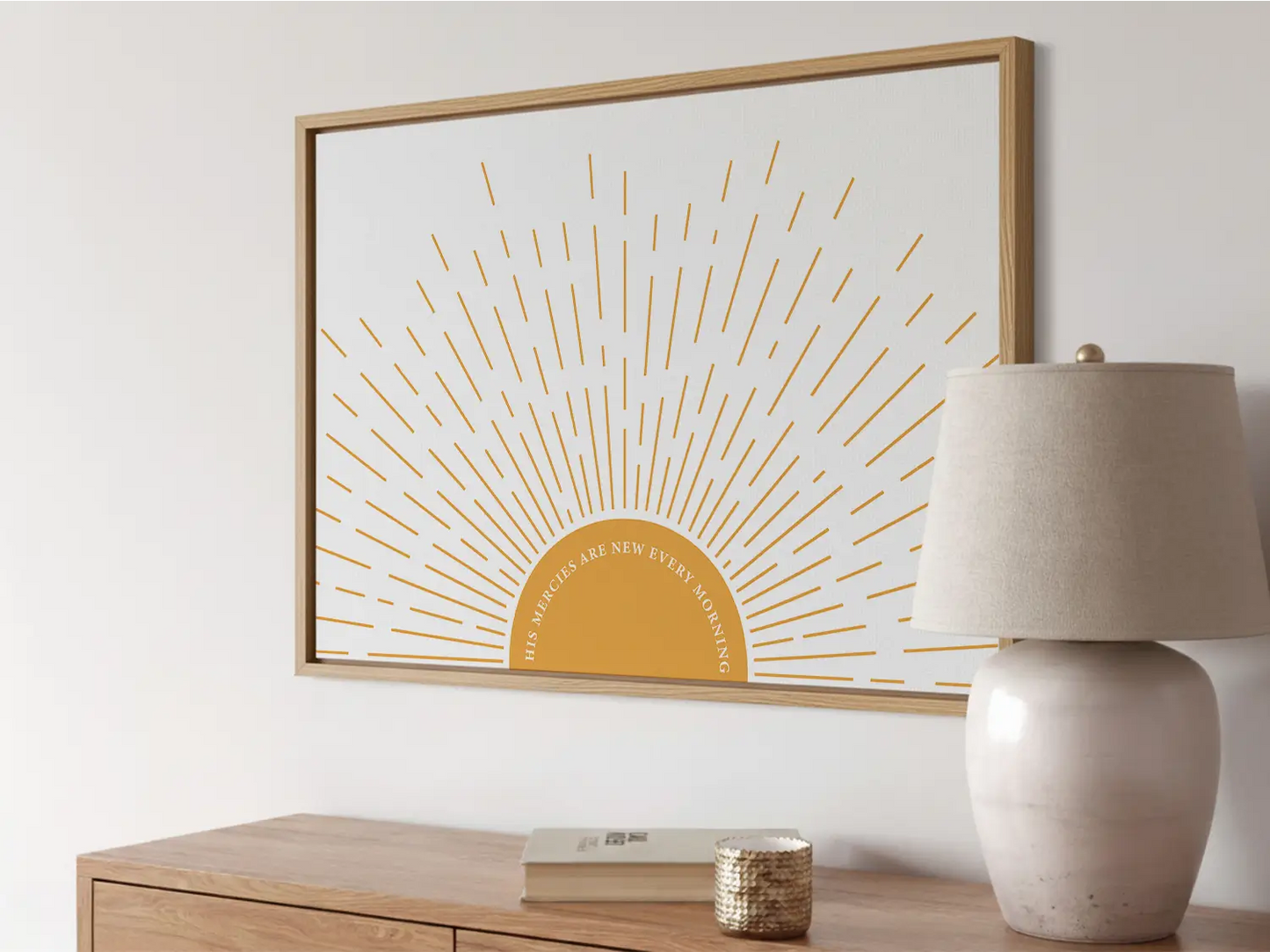Start each day with hope and grace with this inspiring Christian canvas wall art. This framed canvas print features a bright, modern sunrise design and the comforting promise from Lamentations 3:23: "His mercies are new every morning."