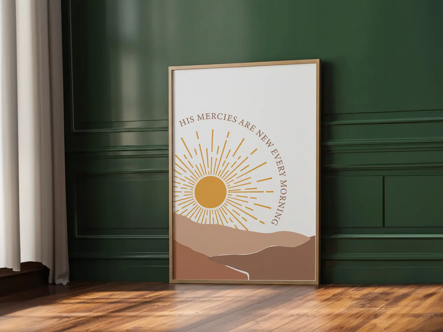 Start each day with hope and grace with this inspiring Christian canvas wall art. This framed canvas print features a bright, modern sunrise design with warm earth tones, highlighting the comforting promise from Lamentations 3:23 that His mercies are new every morning.