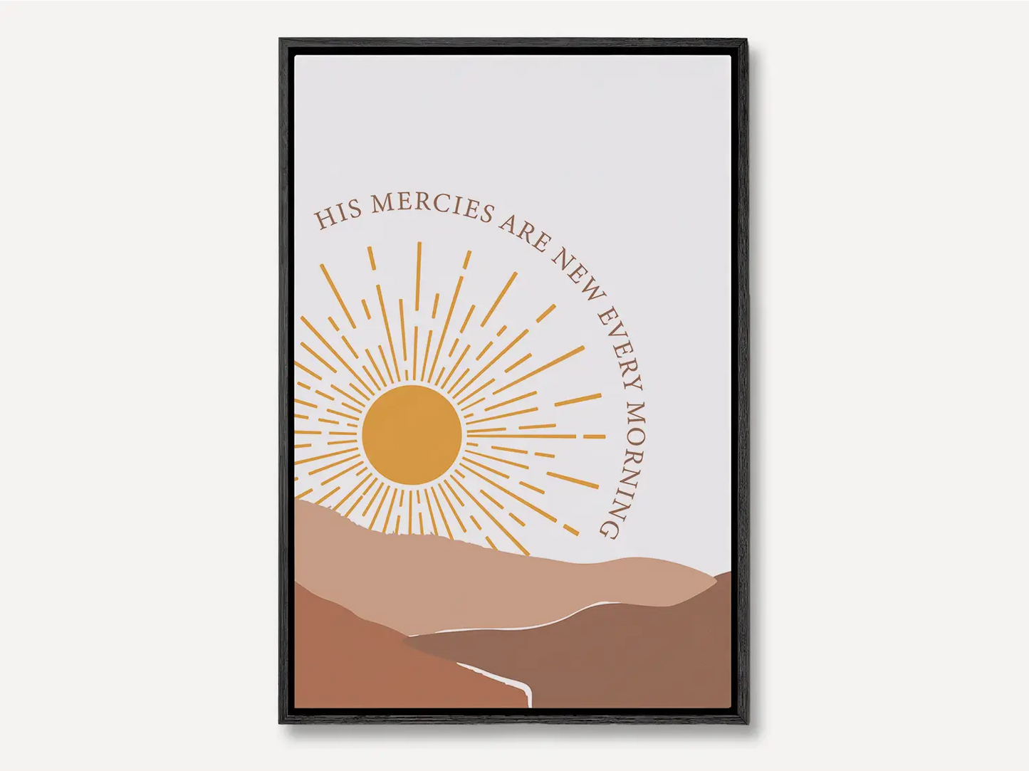 Start each day with hope and grace with this inspiring Christian canvas wall art. This framed canvas print features a bright, modern sunrise design with warm earth tones, highlighting the comforting promise from Lamentations 3:23 that His mercies are new every morning.