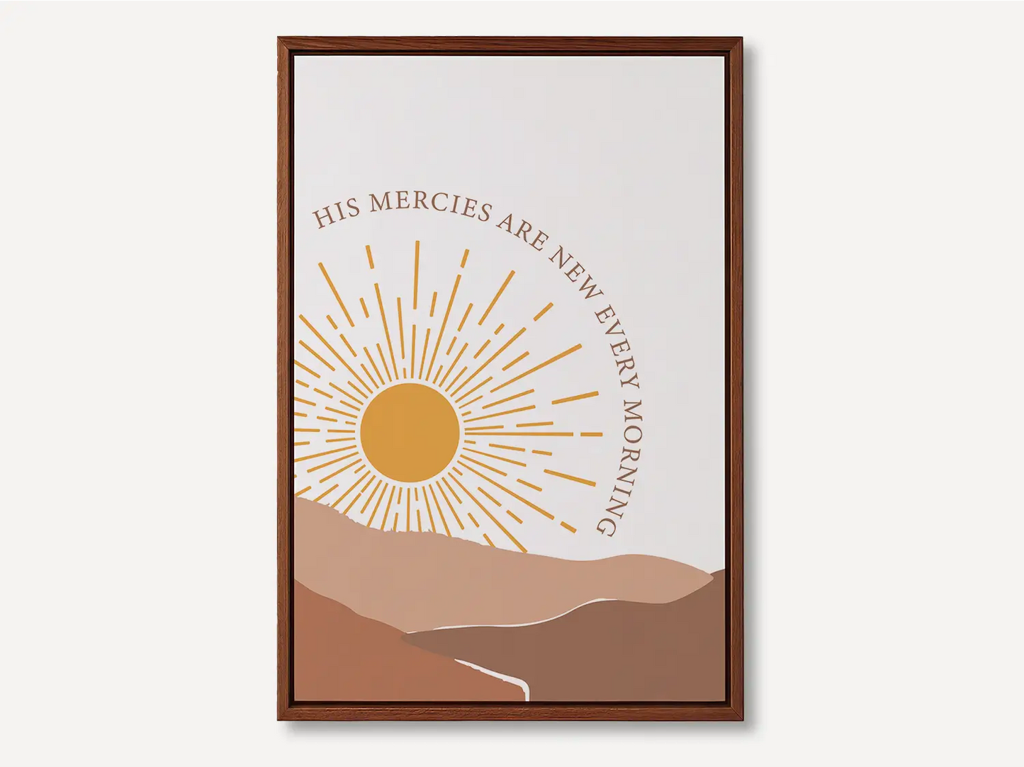 Start each day with hope and grace with this inspiring Christian canvas wall art. This framed canvas print features a bright, modern sunrise design with warm earth tones, highlighting the comforting promise from Lamentations 3:23 that His mercies are new every morning.