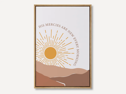 Start each day with hope and grace with this inspiring Christian canvas wall art. This framed canvas print features a bright, modern sunrise design with warm earth tones, highlighting the comforting promise from Lamentations 3:23 that His mercies are new every morning.