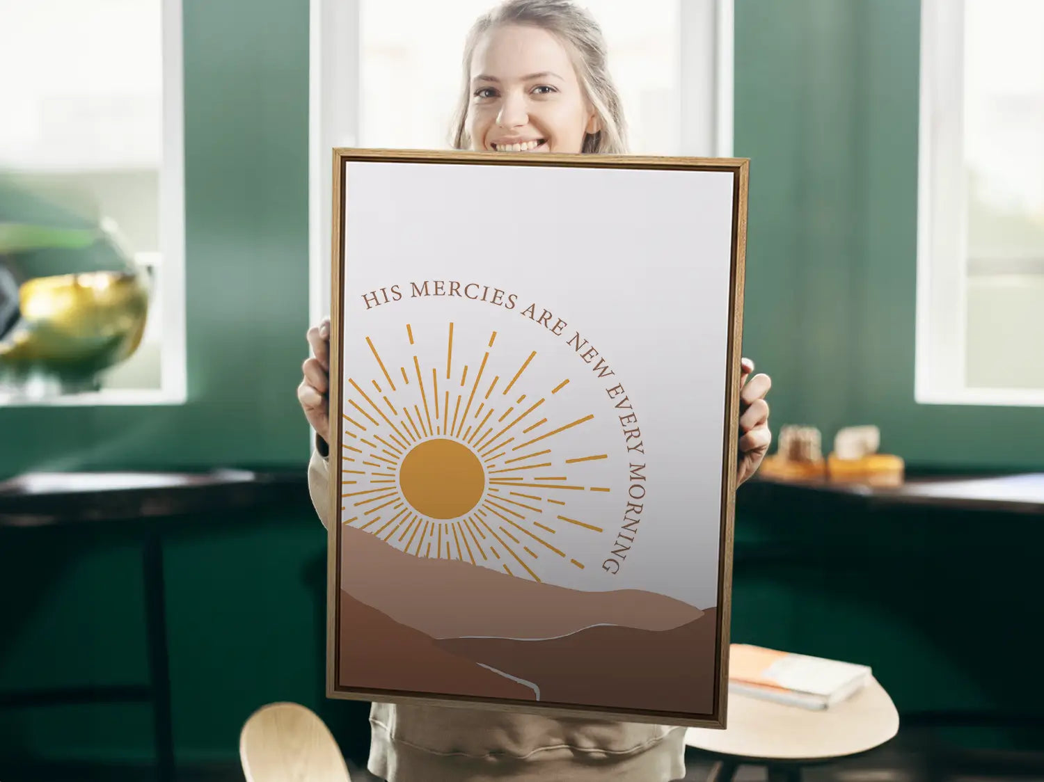 Start each day with hope and grace with this inspiring Christian canvas wall art. This framed canvas print features a bright, modern sunrise design with warm earth tones, highlighting the comforting promise from Lamentations 3:23 that His mercies are new every morning.
