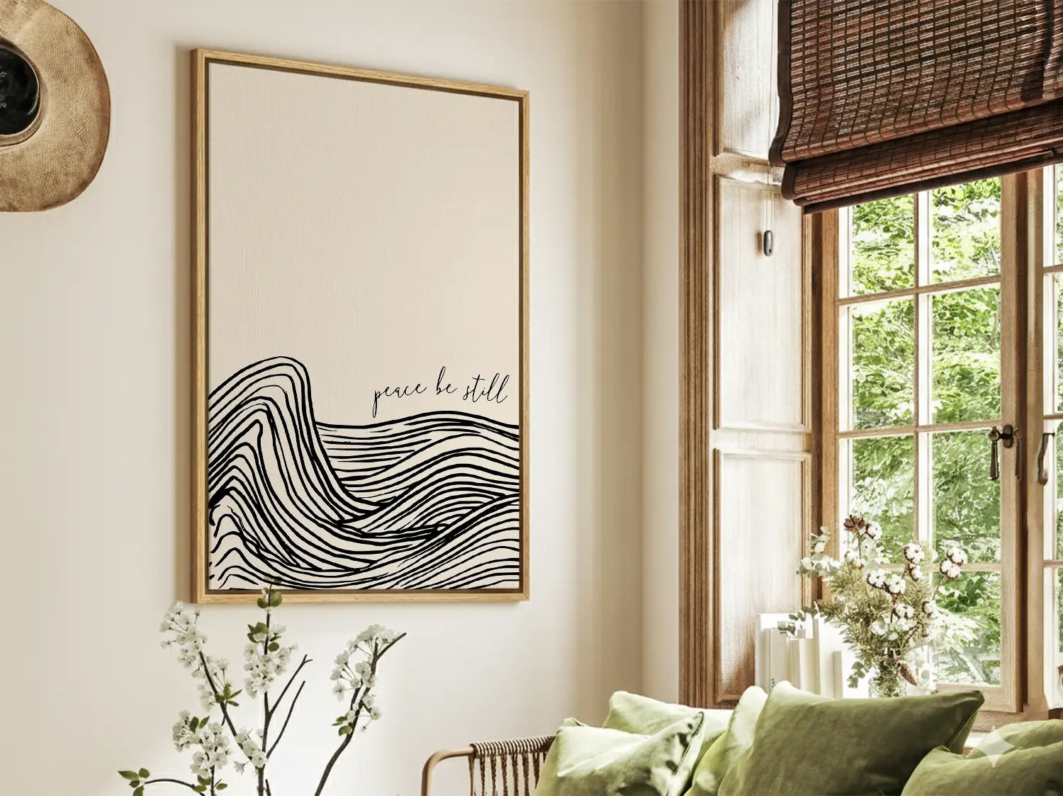 Find calm amidst the chaos with this inspiring Christian canvas wall art. This framed canvas print features a modern, abstract design of calming waves and the powerful command: “Peace be still.”