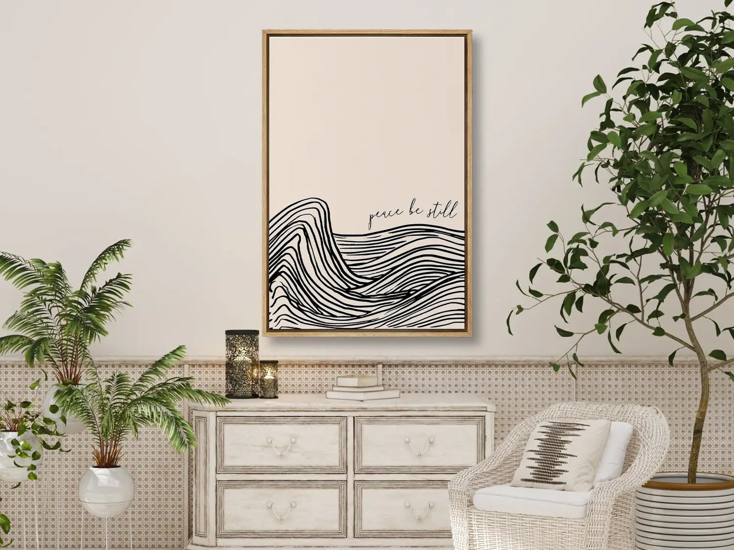 Find calm amidst the chaos with this inspiring Christian canvas wall art. This framed canvas print features a modern, abstract design of calming waves and the powerful command: “Peace be still.”