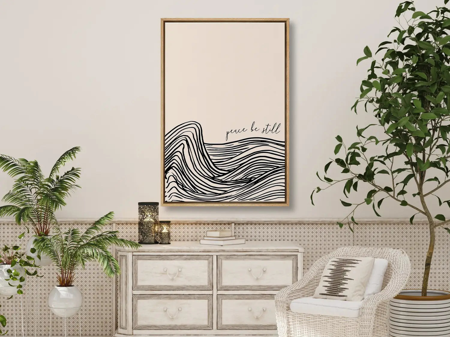 Find calm amidst the chaos with this inspiring Christian canvas wall art. This framed canvas print features a modern, abstract design of calming waves and the powerful command: “Peace be still.”