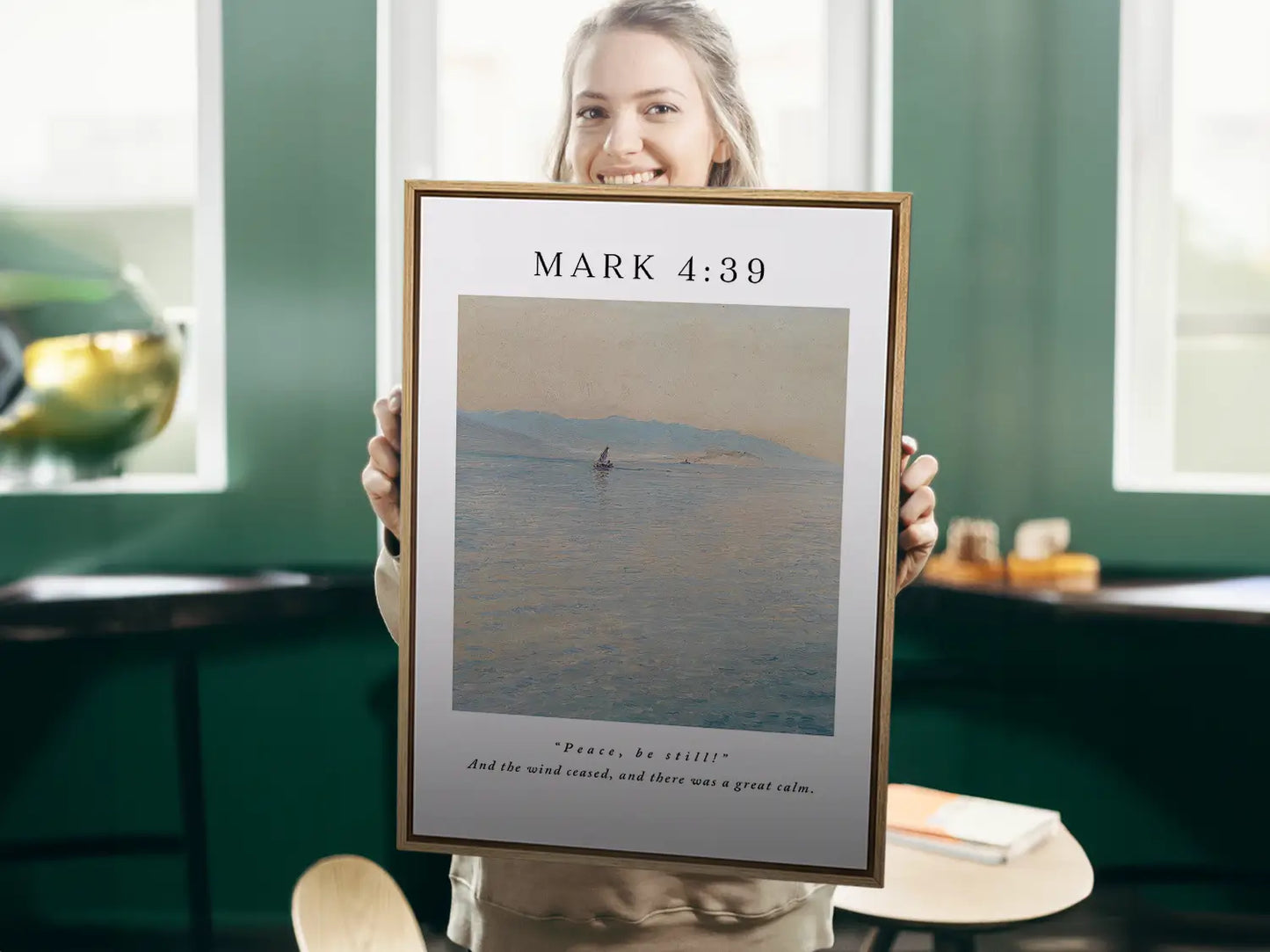 Invite the powerful peace of Christ into your home with this inspiring Christian canvas wall art. This framed canvas print features a calming seascape painting paired with the iconic command from Mark 4:39 that brought about a "great calm."
