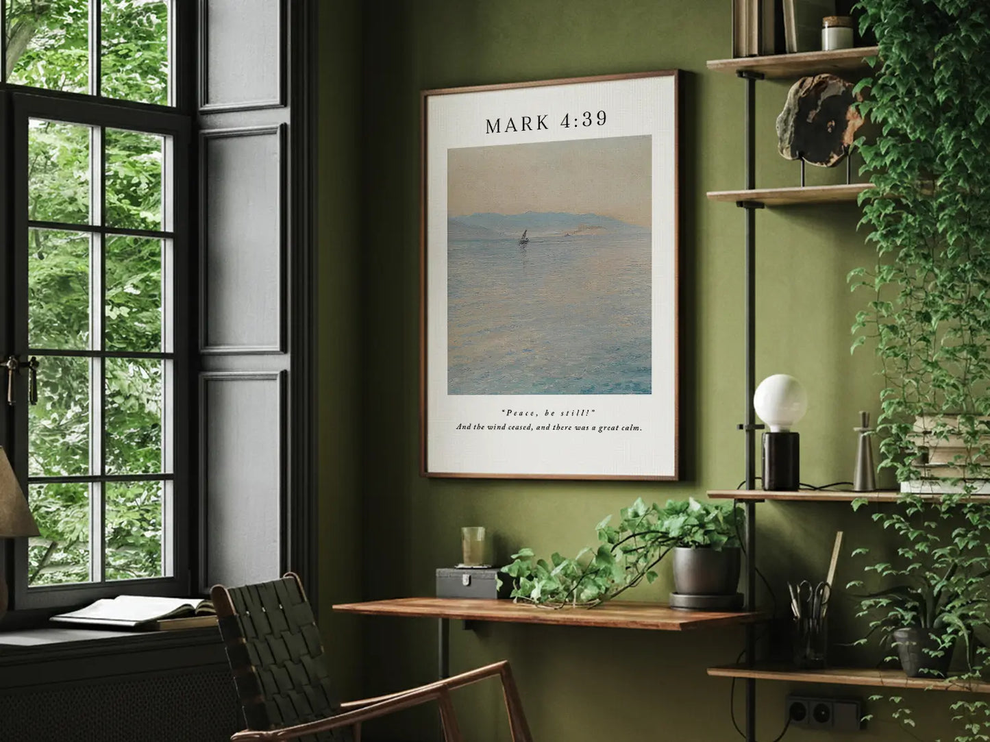 Invite the powerful peace of Christ into your home with this inspiring Christian canvas wall art. This framed canvas print features a calming seascape painting paired with the iconic command from Mark 4:39 that brought about a "great calm."