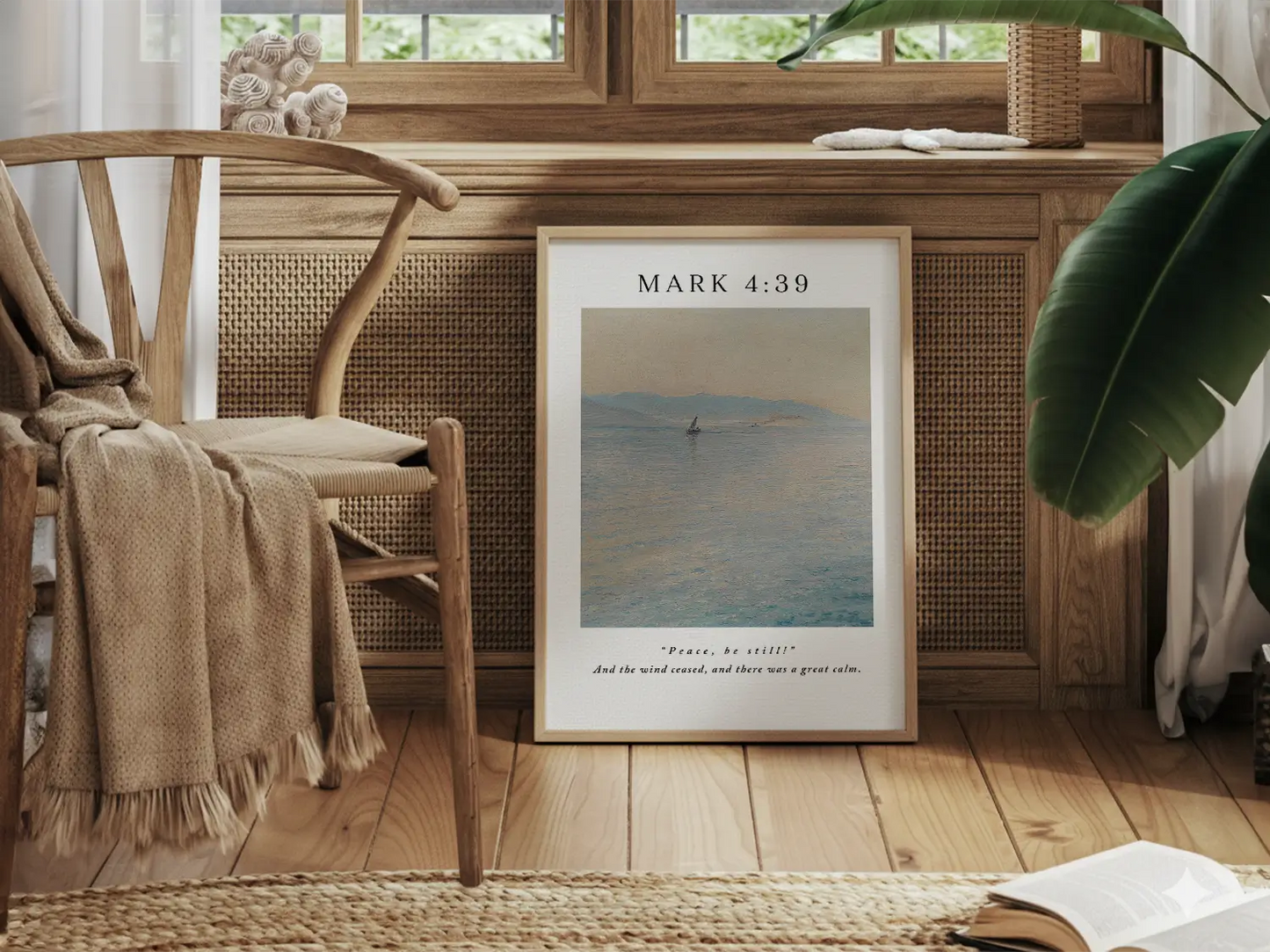 Invite the powerful peace of Christ into your home with this inspiring Christian canvas wall art. This framed canvas print features a calming seascape painting paired with the iconic command from Mark 4:39 that brought about a "great calm."