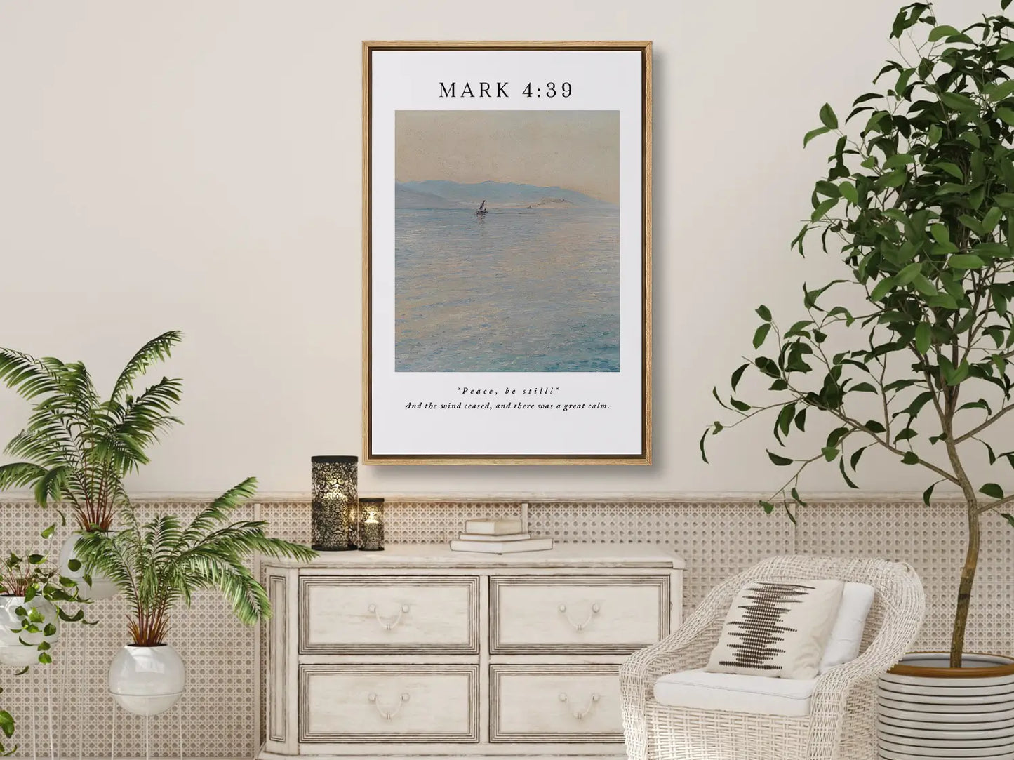 Invite the powerful peace of Christ into your home with this inspiring Christian canvas wall art. This framed canvas print features a calming seascape painting paired with the iconic command from Mark 4:39 that brought about a "great calm."