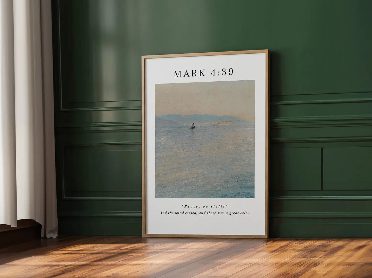 Invite the powerful peace of Christ into your home with this inspiring Christian canvas wall art. This framed canvas print features a calming seascape painting paired with the iconic command from Mark 4:39 that brought about a "great calm."
