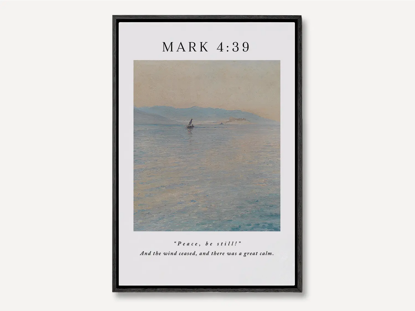 Invite the powerful peace of Christ into your home with this inspiring Christian canvas wall art. This framed canvas print features a calming seascape painting paired with the iconic command from Mark 4:39 that brought about a "great calm."