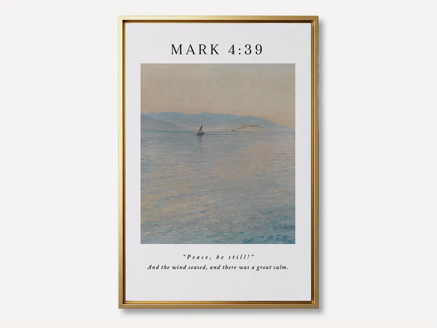 Invite the powerful peace of Christ into your home with this inspiring Christian canvas wall art. This framed canvas print features a calming seascape painting paired with the iconic command from Mark 4:39 that brought about a "great calm."