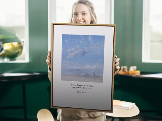 Invite the powerful gift of Christ's peace into your home with this inspiring Christian canvas wall art. This framed canvas print features a calming cloudscape painting paired with the comforting promise from John 14:27: "Peace I leave with you; my peace I give you."
