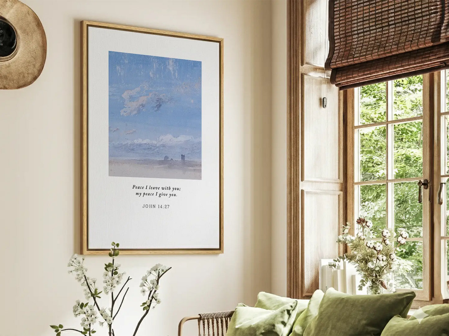 Invite the powerful gift of Christ's peace into your home with this inspiring Christian canvas wall art. This framed canvas print features a calming cloudscape painting paired with the comforting promise from John 14:27: "Peace I leave with you; my peace I give you."
