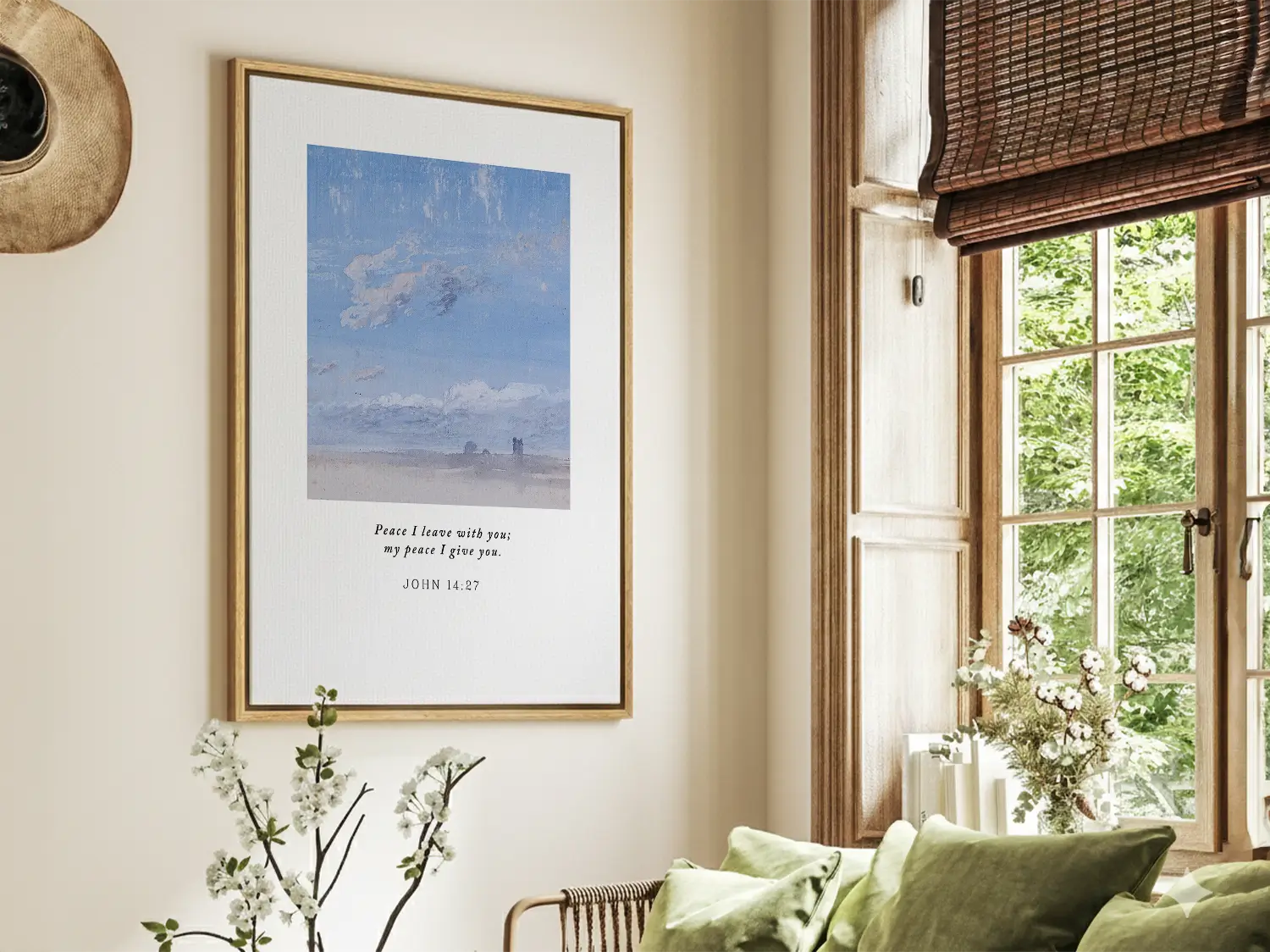 Invite the powerful gift of Christ's peace into your home with this inspiring Christian canvas wall art. This framed canvas print features a calming cloudscape painting paired with the comforting promise from John 14:27: "Peace I leave with you; my peace I give you."