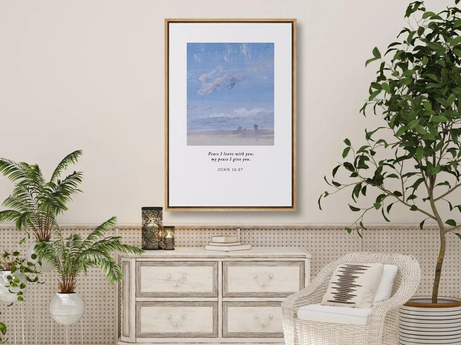 Invite the powerful gift of Christ's peace into your home with this inspiring Christian canvas wall art. This framed canvas print features a calming cloudscape painting paired with the comforting promise from John 14:27: "Peace I leave with you; my peace I give you."