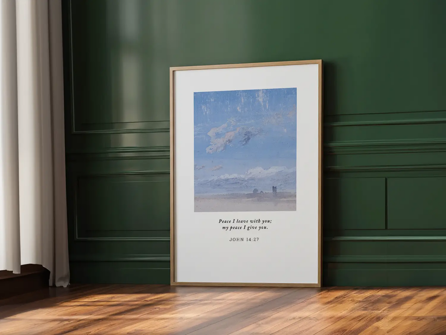 Invite the powerful gift of Christ's peace into your home with this inspiring Christian canvas wall art. This framed canvas print features a calming cloudscape painting paired with the comforting promise from John 14:27: "Peace I leave with you; my peace I give you."