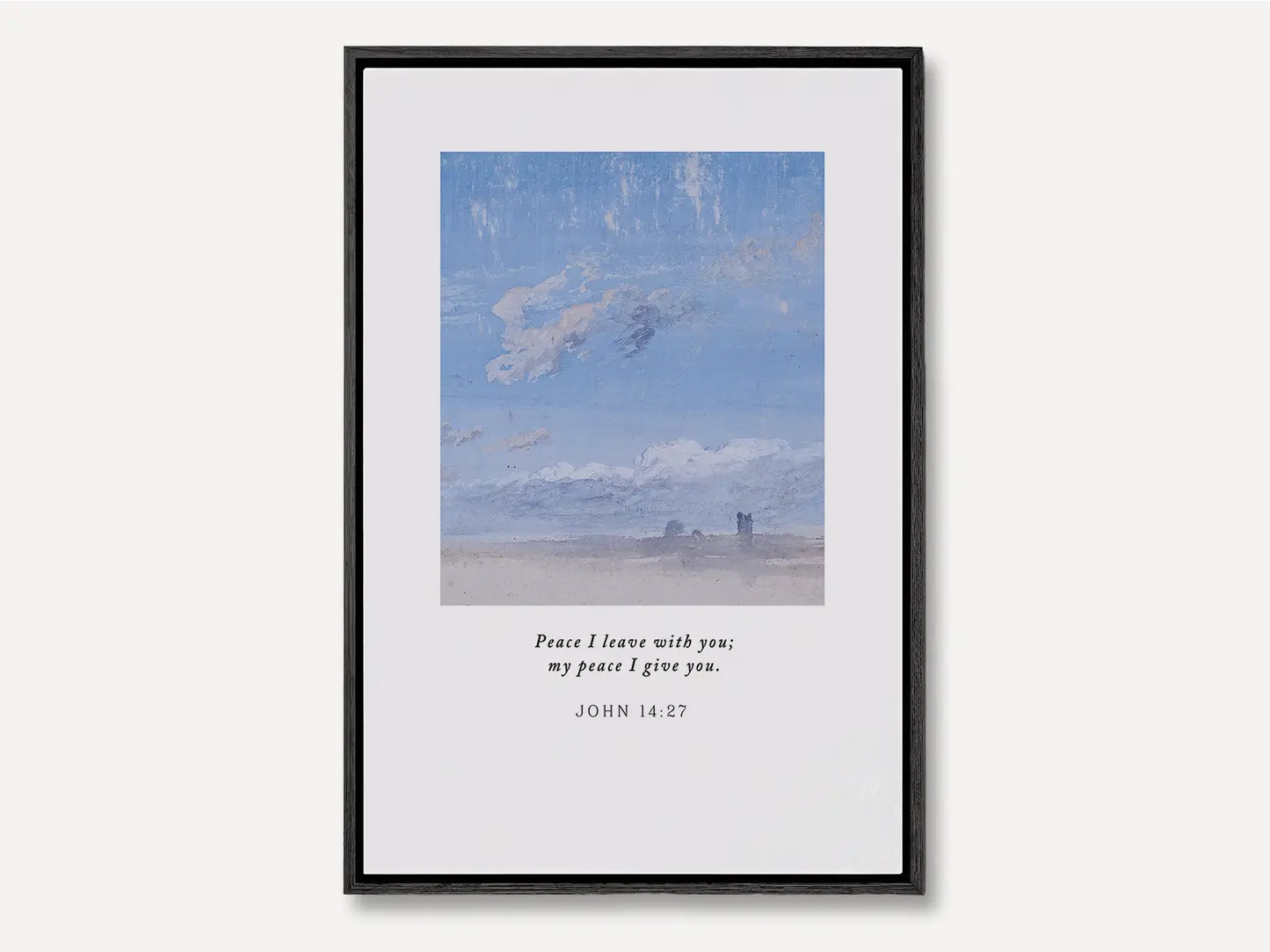 Invite the powerful gift of Christ's peace into your home with this inspiring Christian canvas wall art. This framed canvas print features a calming cloudscape painting paired with the comforting promise from John 14:27: "Peace I leave with you; my peace I give you."
