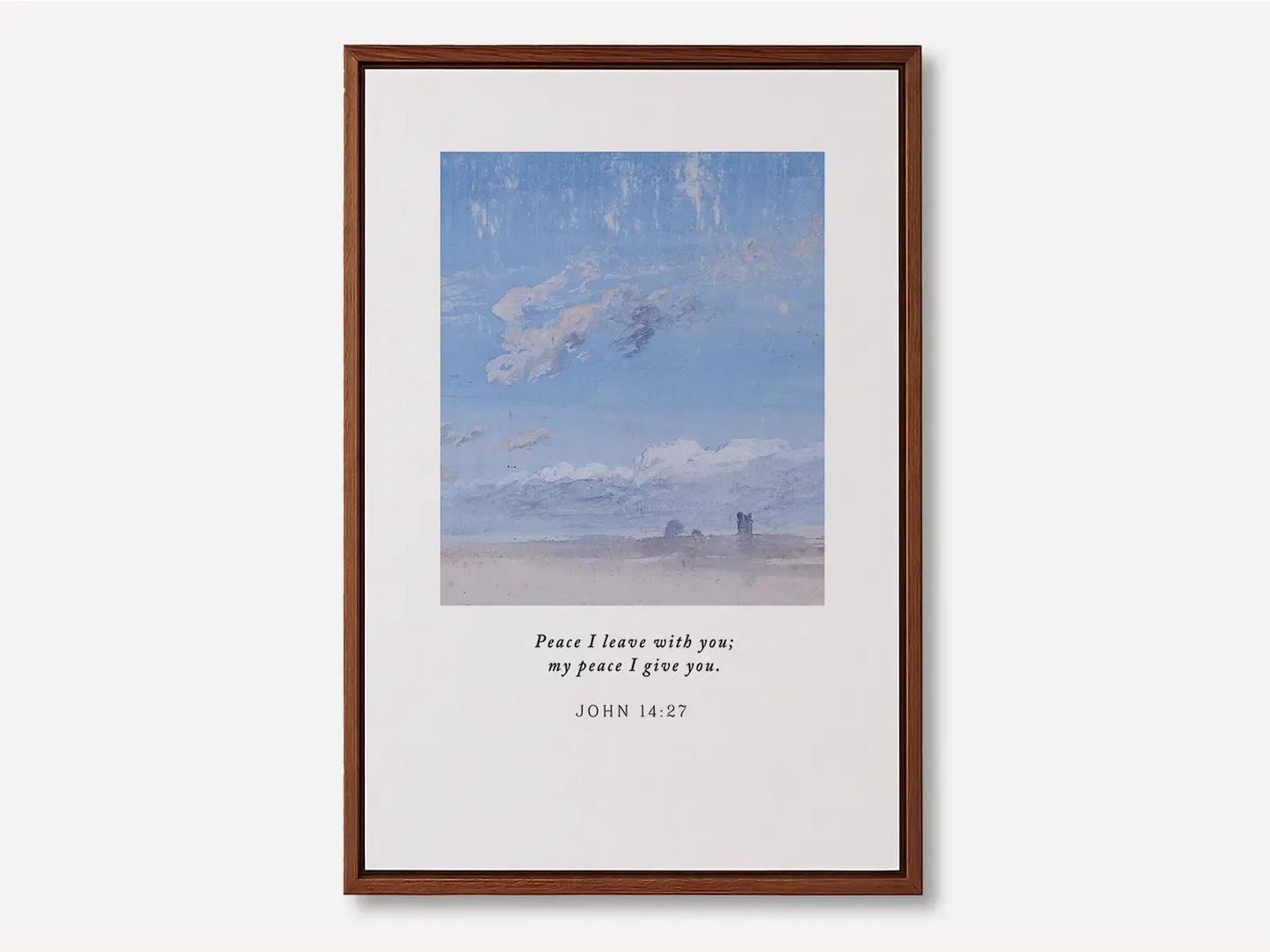 Invite the powerful gift of Christ's peace into your home with this inspiring Christian canvas wall art. This framed canvas print features a calming cloudscape painting paired with the comforting promise from John 14:27: "Peace I leave with you; my peace I give you."