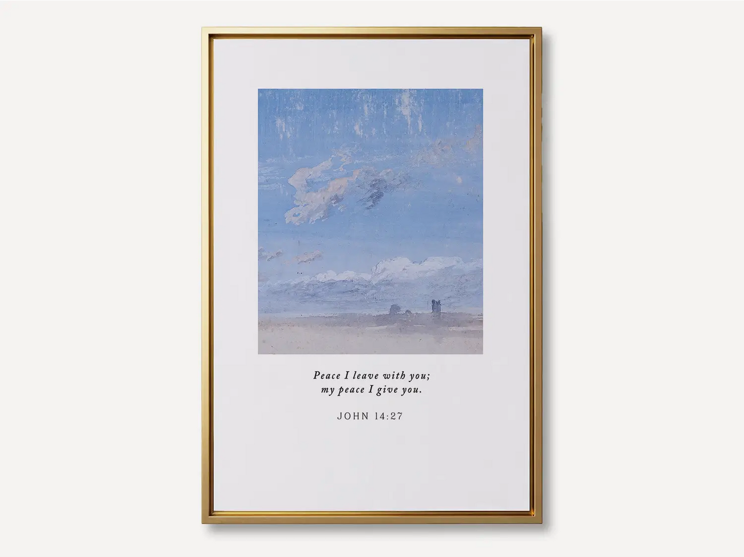 Invite the powerful gift of Christ's peace into your home with this inspiring Christian canvas wall art. This framed canvas print features a calming cloudscape painting paired with the comforting promise from John 14:27: "Peace I leave with you; my peace I give you."