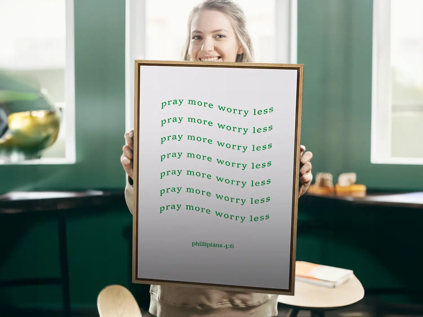 Find daily peace and encouragement with this inspiring Christian canvas wall art. This framed canvas print features a fun, repeating typographic design and the powerful instruction from Philippians 4:6 to Pray more worry less.