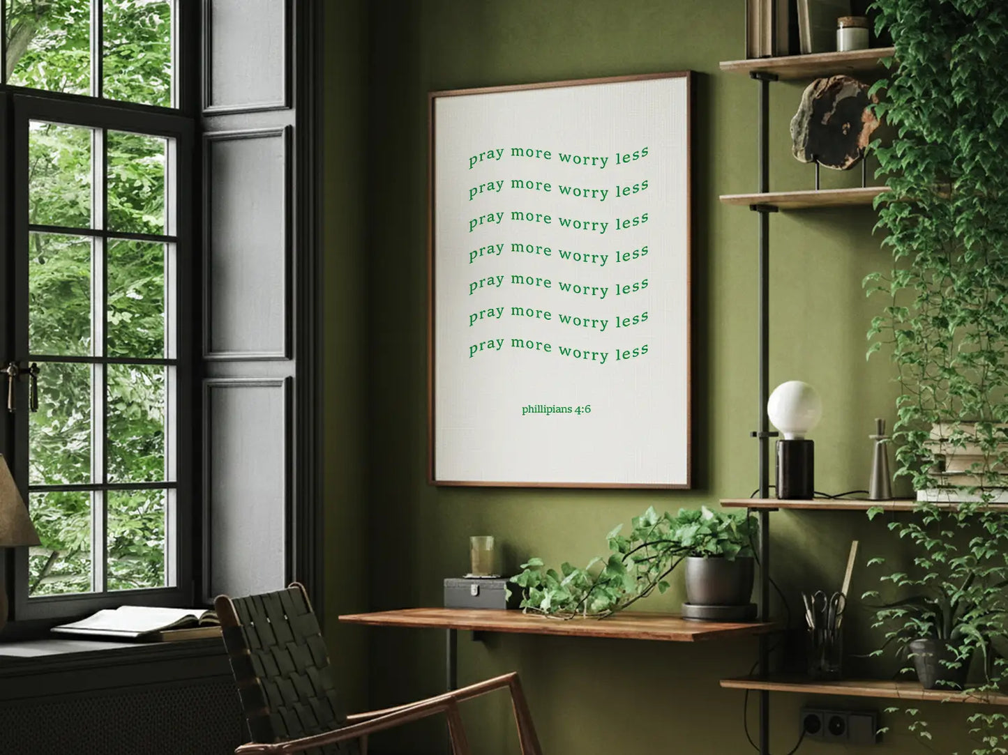 Find daily peace and encouragement with this inspiring Christian canvas wall art. This framed canvas print features a fun, repeating typographic design and the powerful instruction from Philippians 4:6 to Pray more worry less.