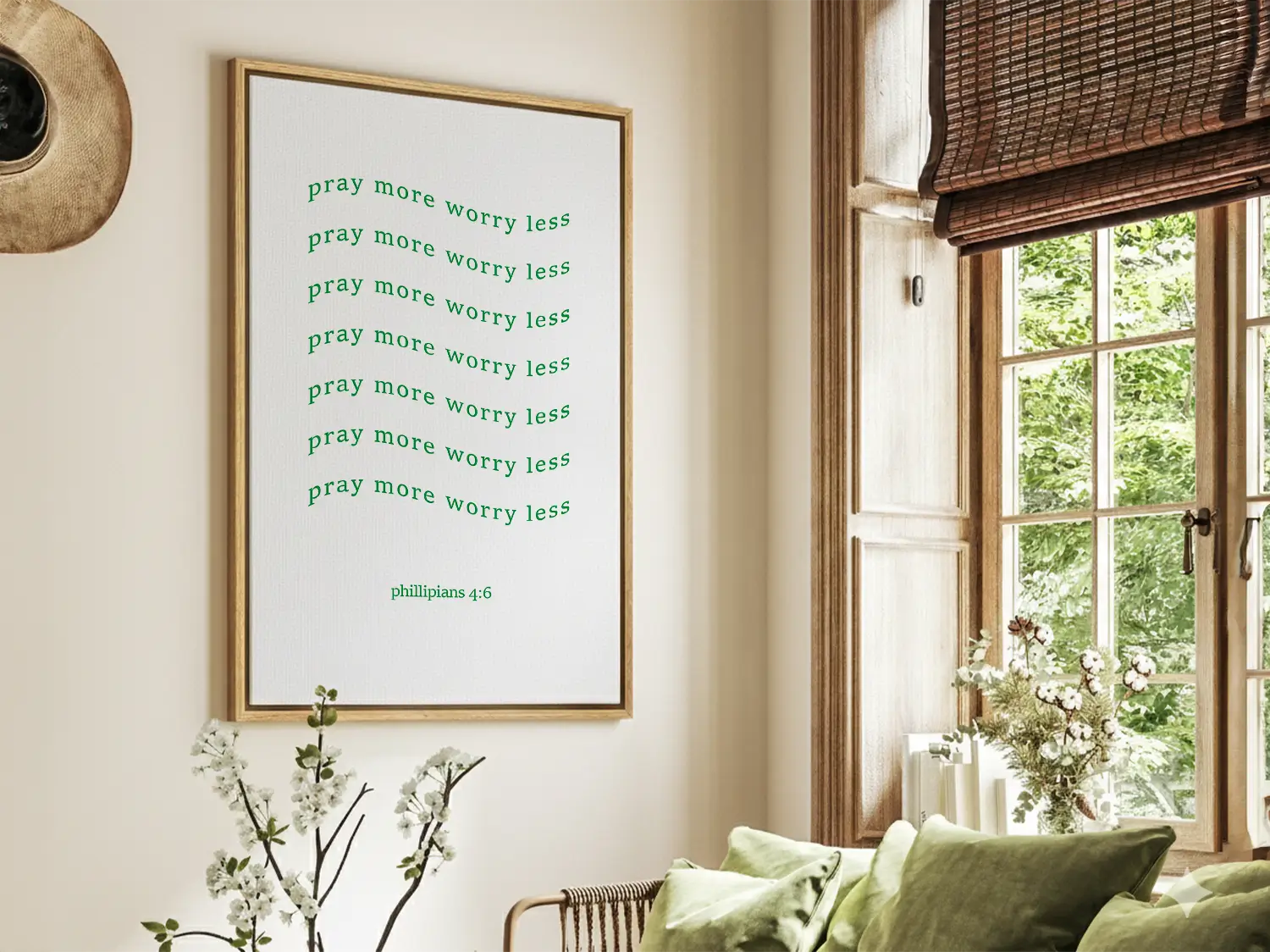 Find daily peace and encouragement with this inspiring Christian canvas wall art. This framed canvas print features a fun, repeating typographic design and the powerful instruction from Philippians 4:6 to Pray more worry less.