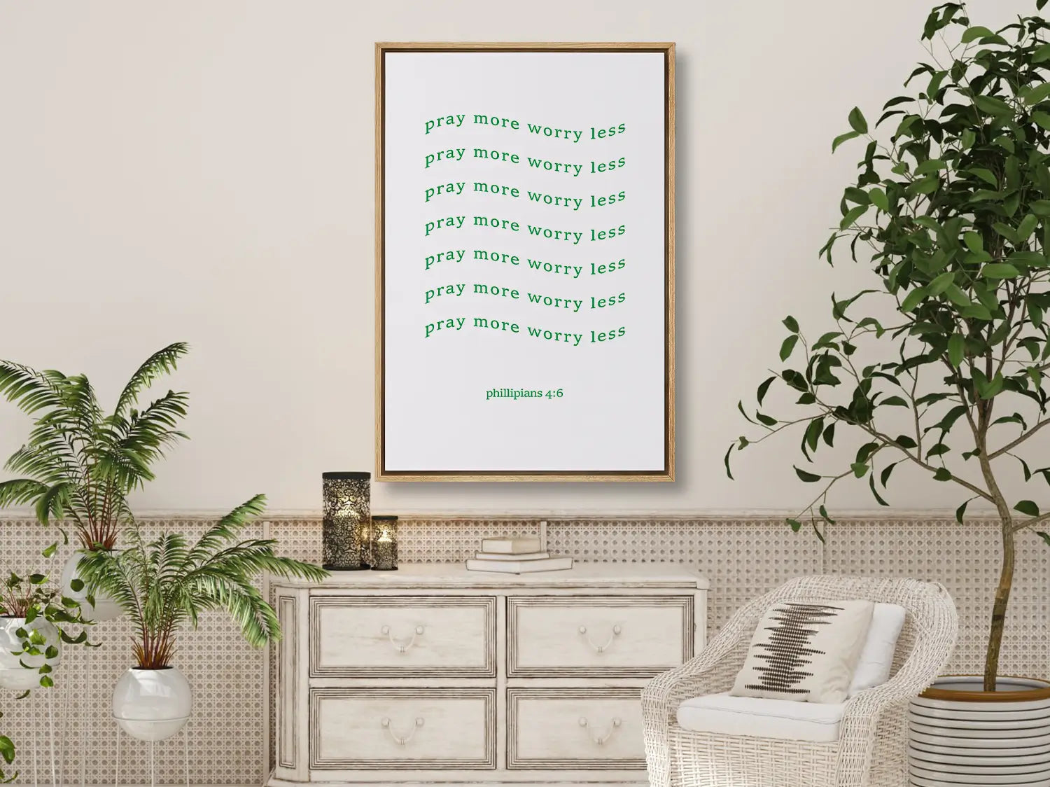 Find daily peace and encouragement with this inspiring Christian canvas wall art. This framed canvas print features a fun, repeating typographic design and the powerful instruction from Philippians 4:6 to Pray more worry less.