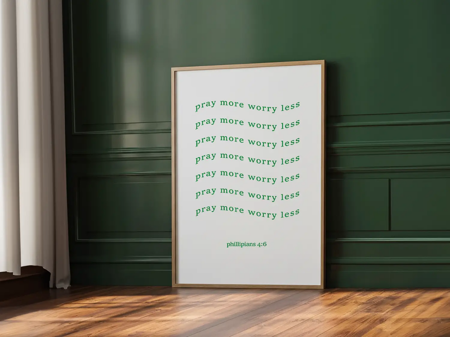 Find daily peace and encouragement with this inspiring Christian canvas wall art. This framed canvas print features a fun, repeating typographic design and the powerful instruction from Philippians 4:6 to Pray more worry less.