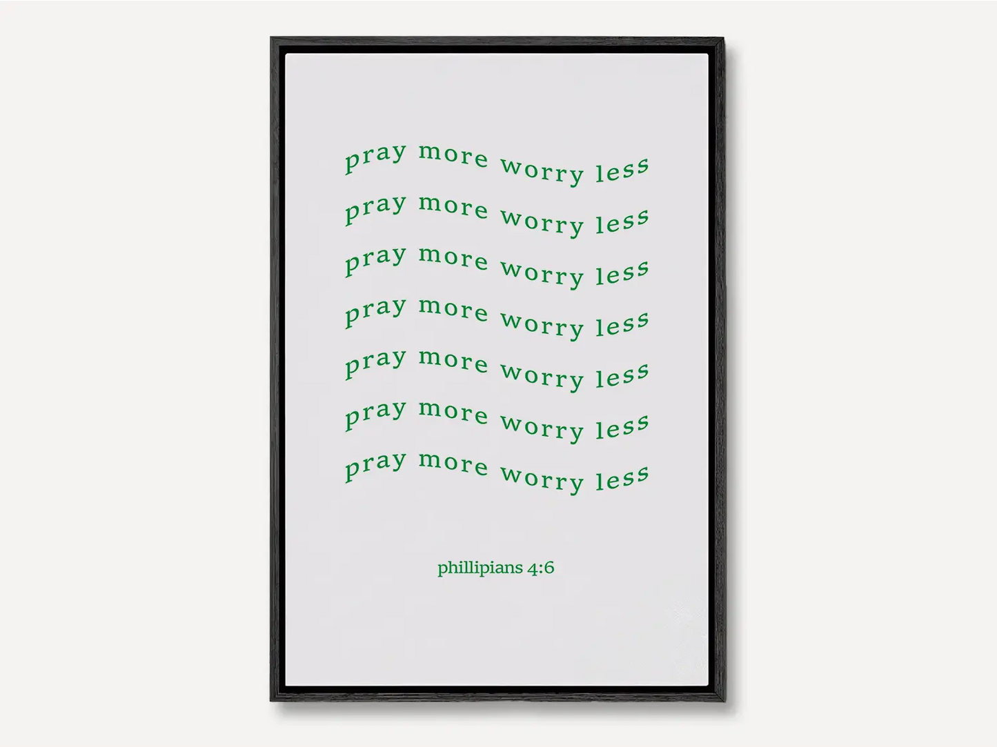 Find daily peace and encouragement with this inspiring Christian canvas wall art. This framed canvas print features a fun, repeating typographic design and the powerful instruction from Philippians 4:6 to Pray more worry less.