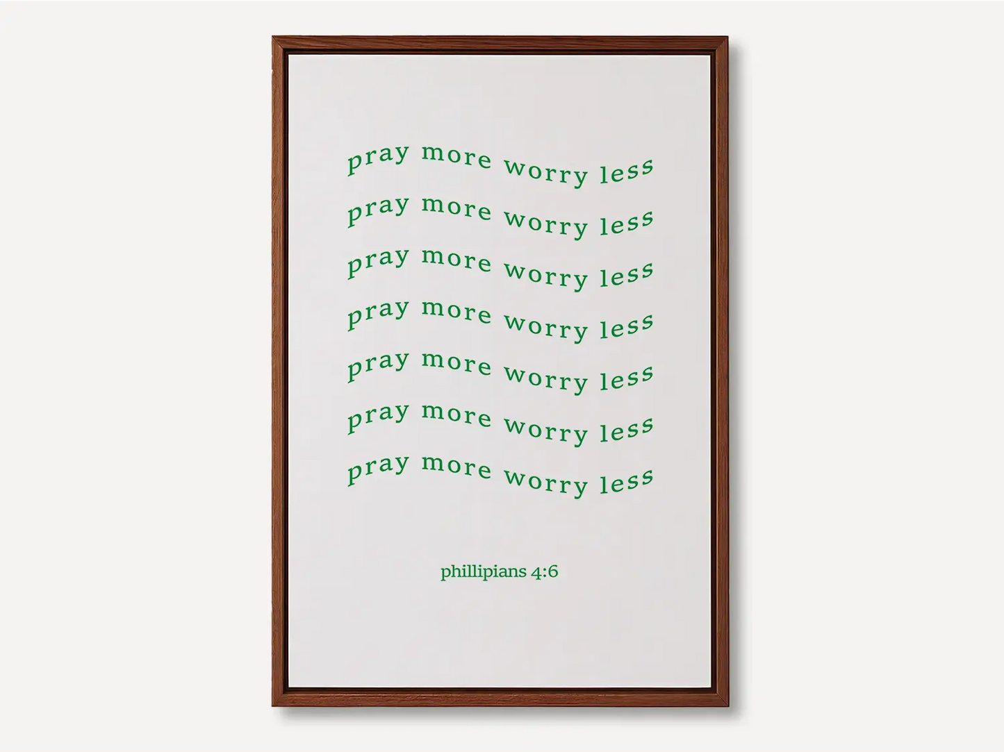 Find daily peace and encouragement with this inspiring Christian canvas wall art. This framed canvas print features a fun, repeating typographic design and the powerful instruction from Philippians 4:6 to Pray more worry less.