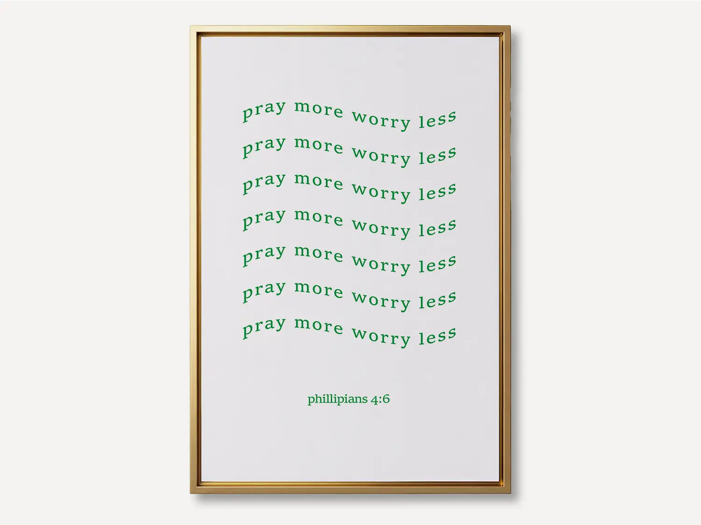 Find daily peace and encouragement with this inspiring Christian canvas wall art. This framed canvas print features a fun, repeating typographic design and the powerful instruction from Philippians 4:6 to Pray more worry less.