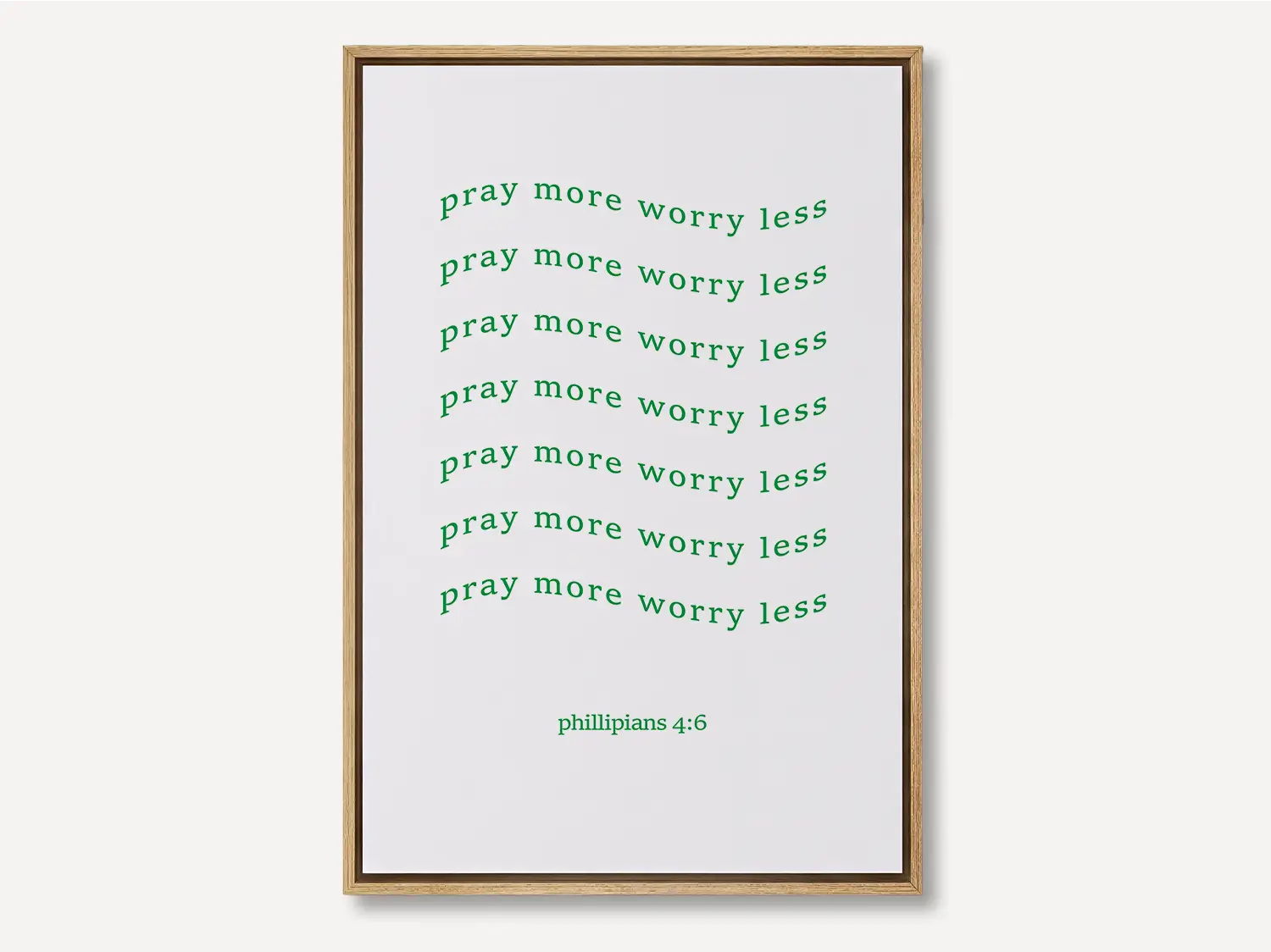 Find daily peace and encouragement with this inspiring Christian canvas wall art. This framed canvas print features a fun, repeating typographic design and the powerful instruction from Philippians 4:6 to Pray more worry less.