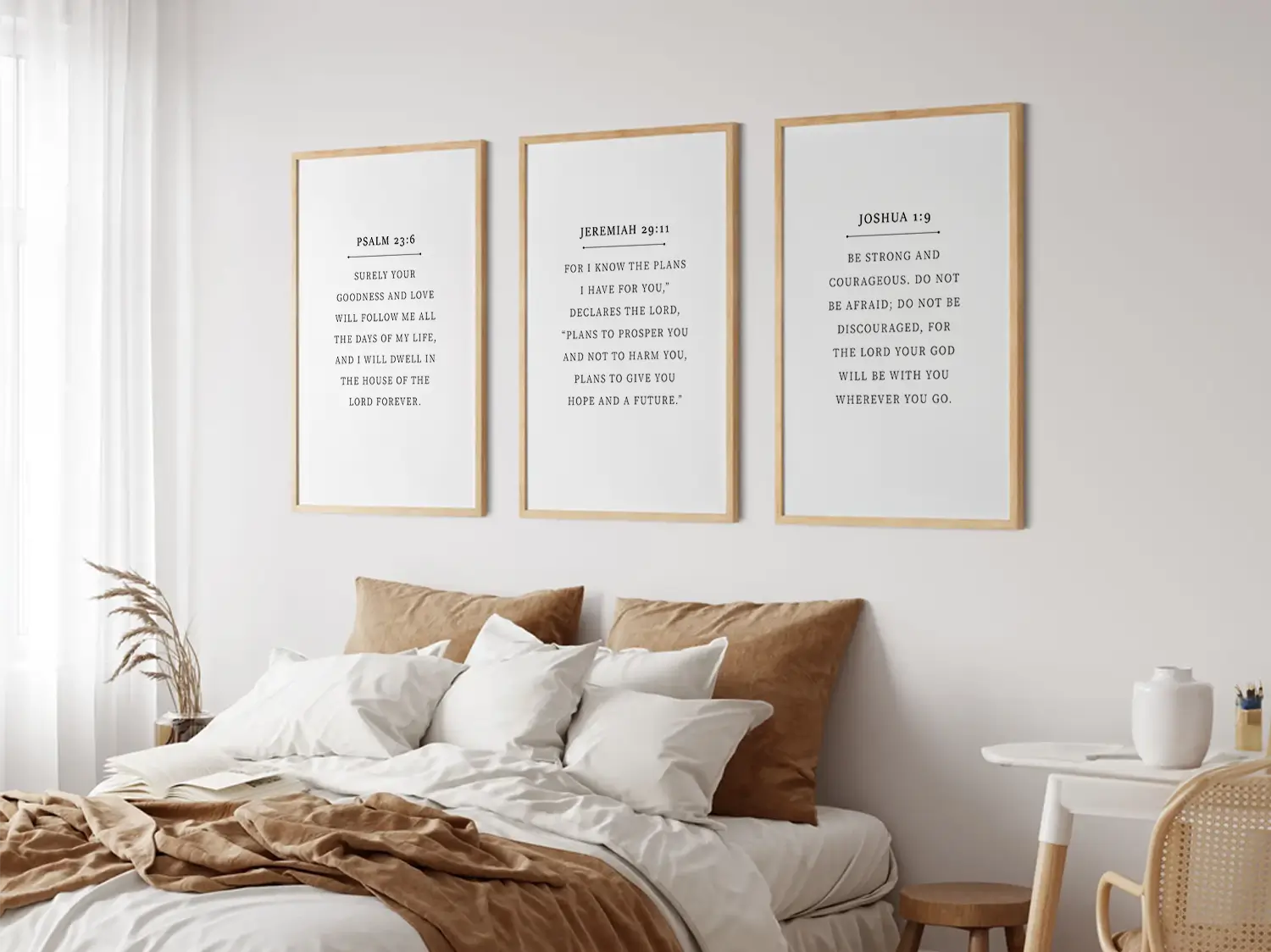 Anchor your home in faith with this inspiring Christian wall art set. This collection of three framed scripture prints features foundational promises from the Bible, offering daily reminders of God's goodness, plan, and ever-present help.