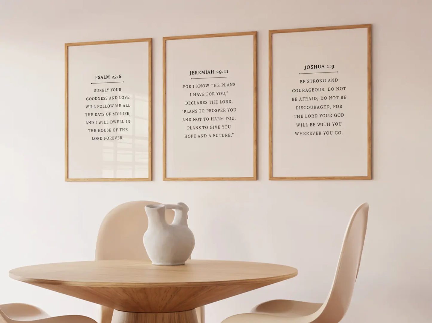 Anchor your home in faith with this inspiring Christian wall art set. This collection of three framed scripture prints features foundational promises from the Bible, offering daily reminders of God's goodness, plan, and ever-present help.