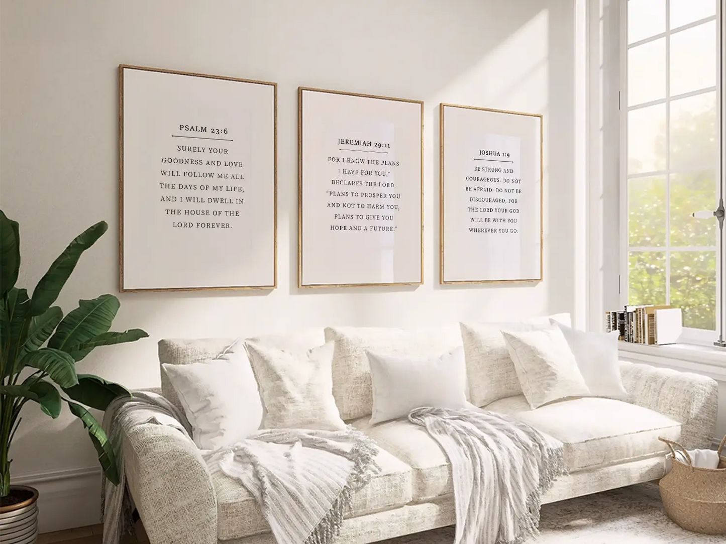 Anchor your home in faith with this inspiring Christian wall art set. This collection of three framed scripture prints features foundational promises from the Bible, offering daily reminders of God's goodness, plan, and ever-present help.