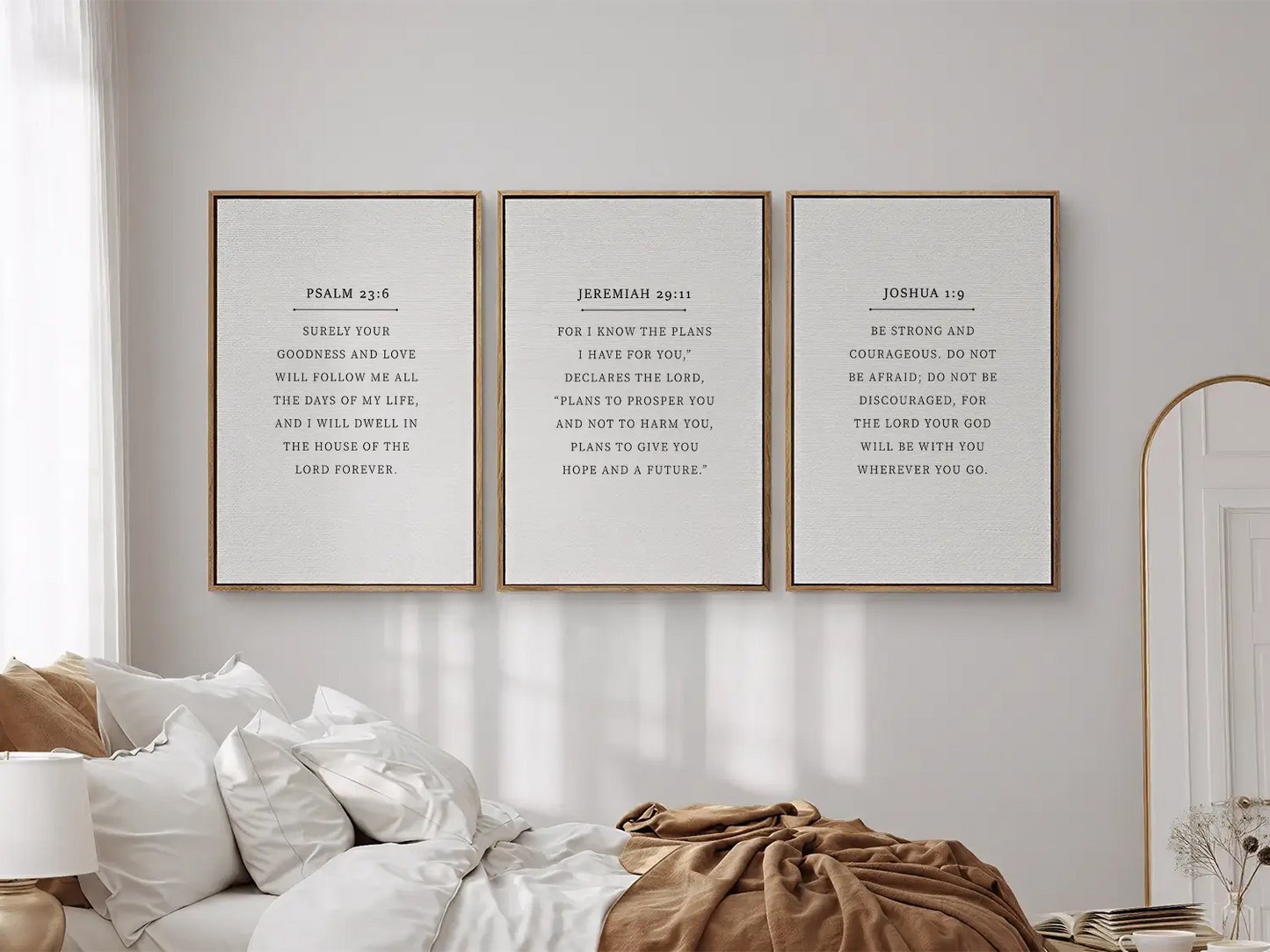 Anchor your home in faith with this inspiring Christian wall art set. This collection of three framed scripture prints features foundational promises from the Bible, offering daily reminders of God's goodness, plan, and ever-present help.