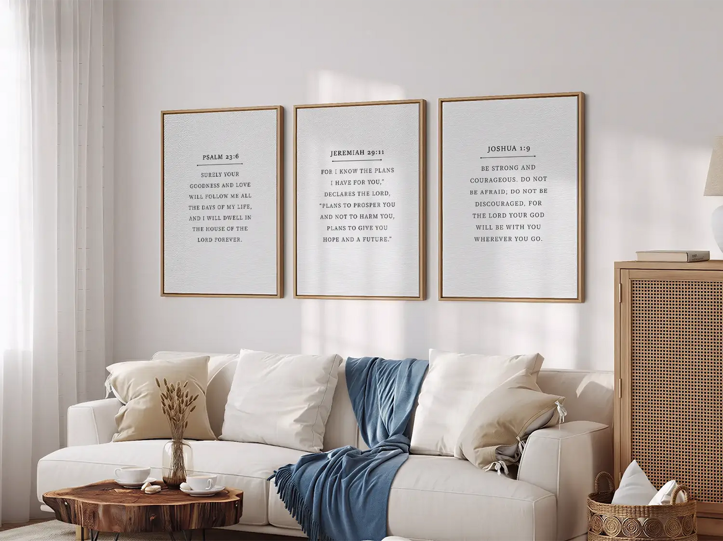 Anchor your home in faith with this inspiring Christian wall art set. This collection of three framed scripture prints features foundational promises from the Bible, offering daily reminders of God's goodness, plan, and ever-present help.