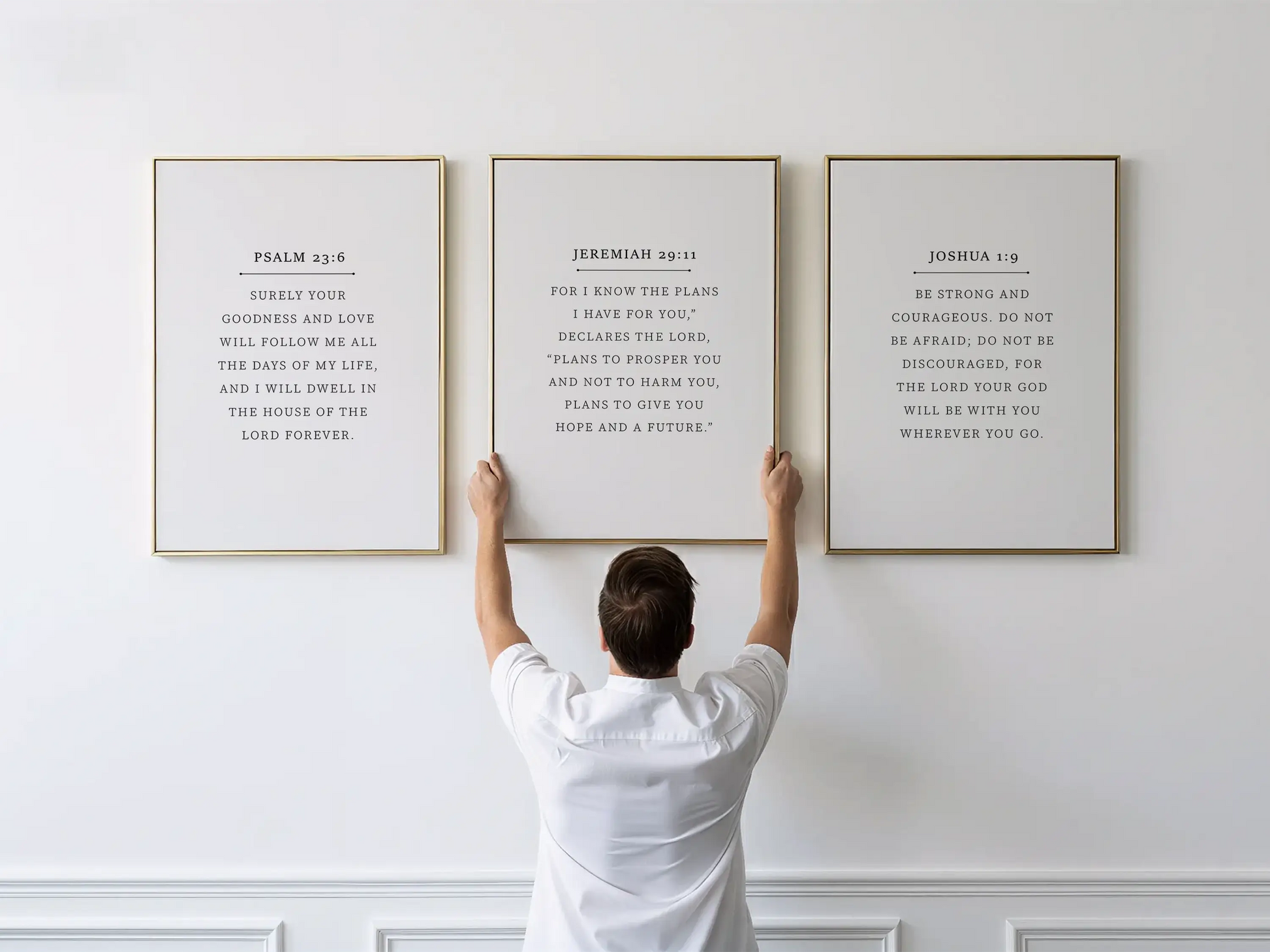 Anchor your home in faith with this inspiring Christian wall art set. This collection of three framed scripture prints features foundational promises from the Bible, offering daily reminders of God's goodness, plan, and ever-present help.