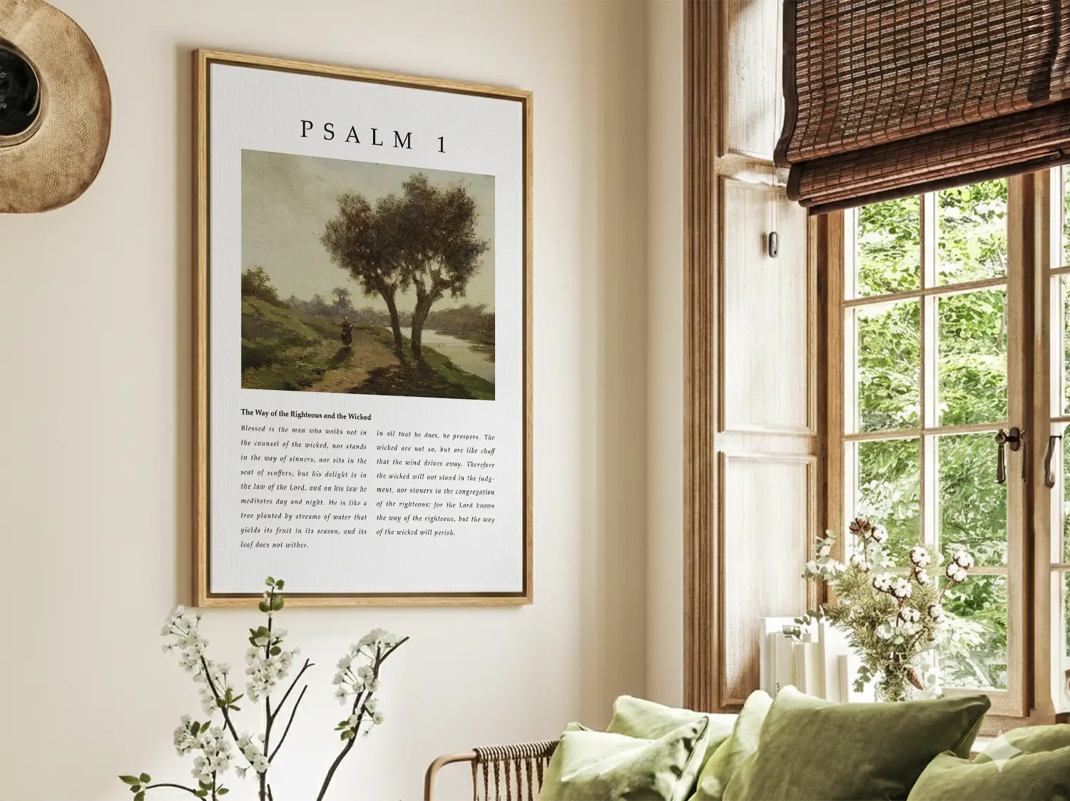 Anchor your life in true blessedness with this inspiring Christian canvas wall art. This framed canvas print features a peaceful landscape painting paired with the complete, foundational text of Psalm 1, the definition of a righteous life.