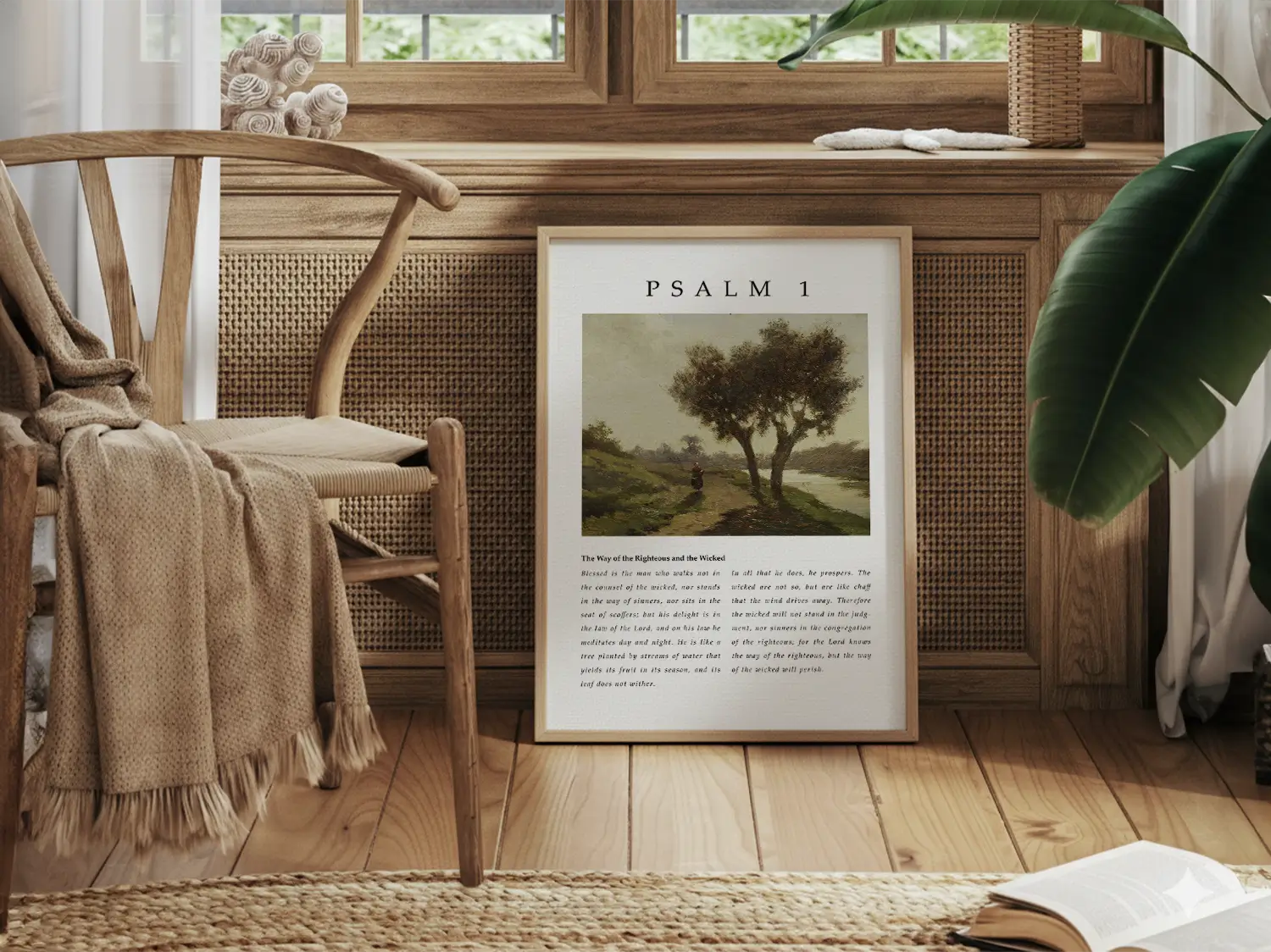 Anchor your life in true blessedness with this inspiring Christian canvas wall art. This framed canvas print features a peaceful landscape painting paired with the complete, foundational text of Psalm 1, the definition of a righteous life.