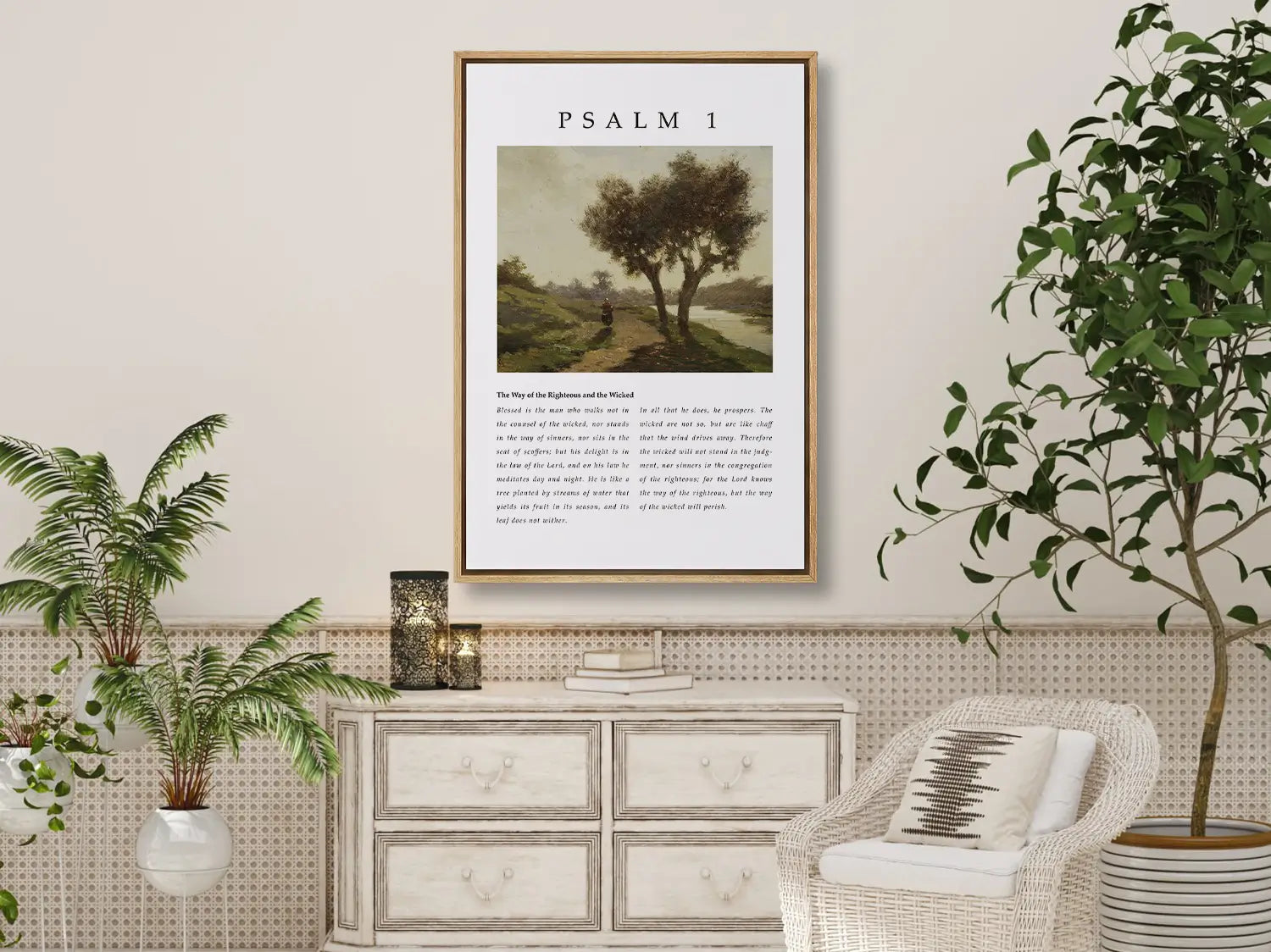 Anchor your life in true blessedness with this inspiring Christian canvas wall art. This framed canvas print features a peaceful landscape painting paired with the complete, foundational text of Psalm 1, the definition of a righteous life.