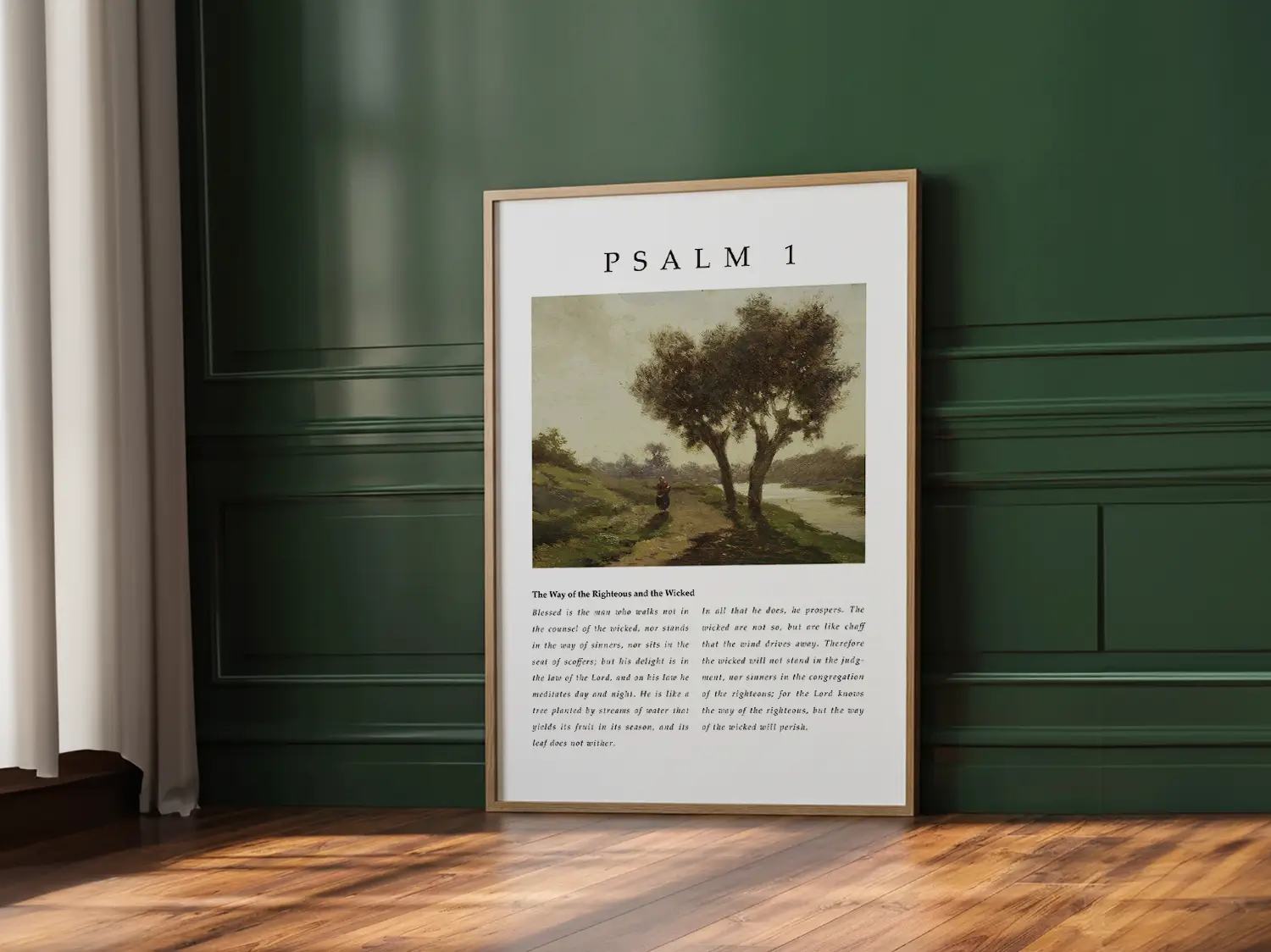 Anchor your life in true blessedness with this inspiring Christian canvas wall art. This framed canvas print features a peaceful landscape painting paired with the complete, foundational text of Psalm 1, the definition of a righteous life.