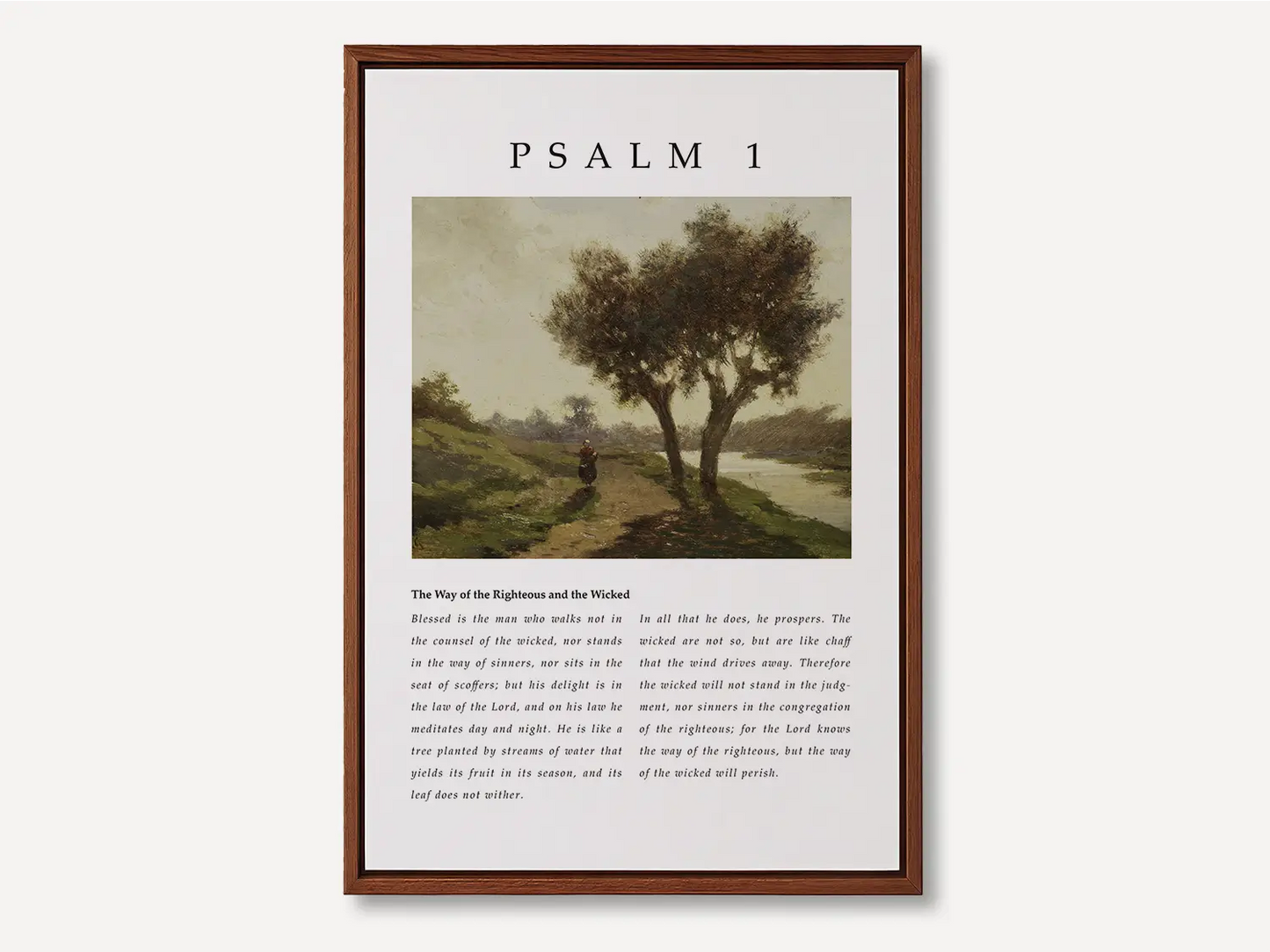 Anchor your life in true blessedness with this inspiring Christian canvas wall art. This framed canvas print features a peaceful landscape painting paired with the complete, foundational text of Psalm 1, the definition of a righteous life.