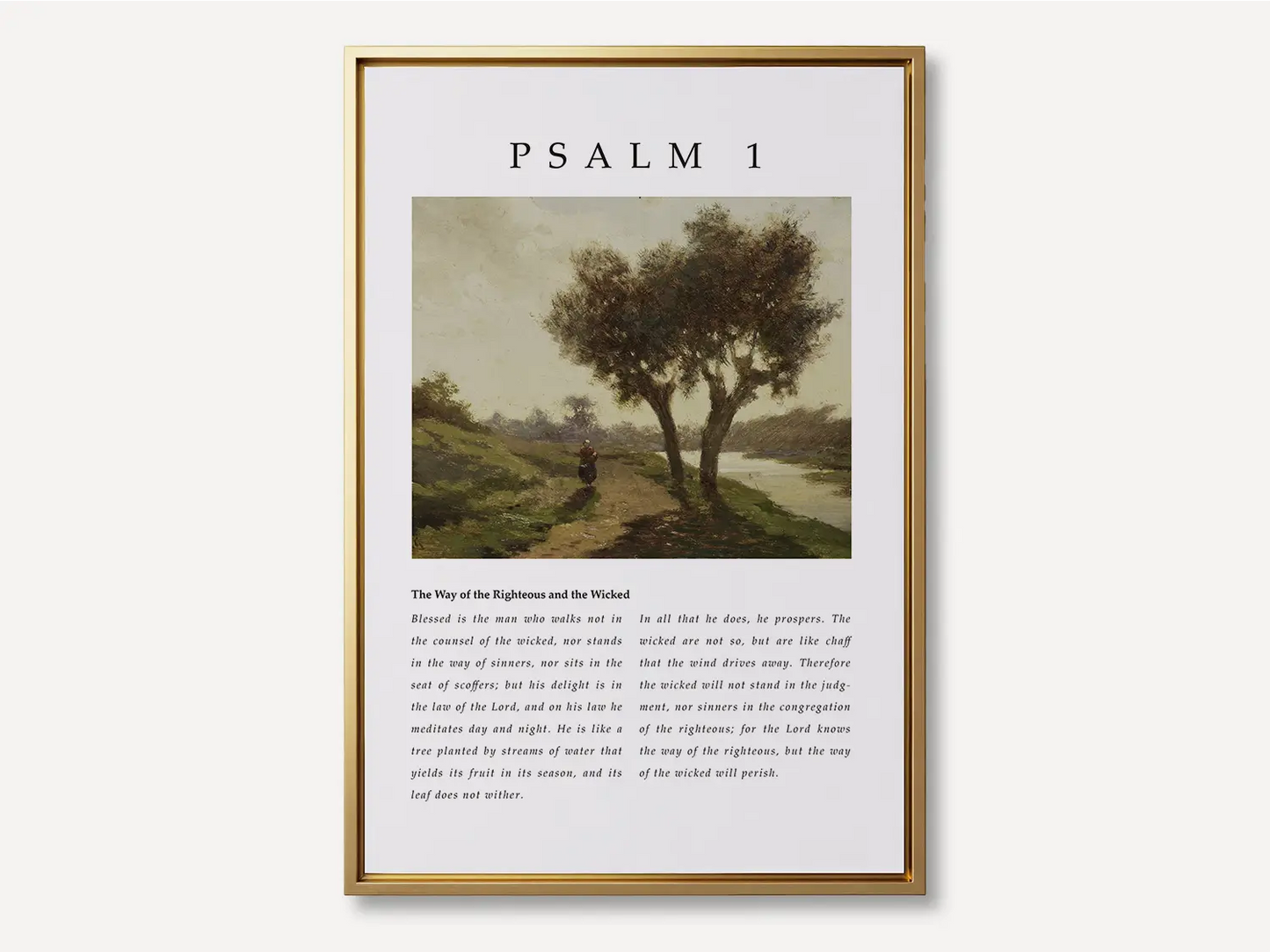 Anchor your life in true blessedness with this inspiring Christian canvas wall art. This framed canvas print features a peaceful landscape painting paired with the complete, foundational text of Psalm 1, the definition of a righteous life.