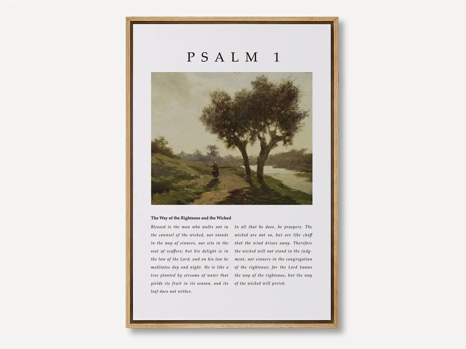 Anchor your life in true blessedness with this inspiring Christian canvas wall art. This framed canvas print features a peaceful landscape painting paired with the complete, foundational text of Psalm 1, the definition of a righteous life.