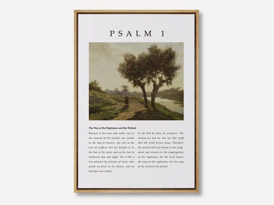Anchor your life in true blessedness with this inspiring Christian canvas wall art. This framed canvas print features a peaceful landscape painting paired with the complete, foundational text of Psalm 1, the definition of a righteous life.