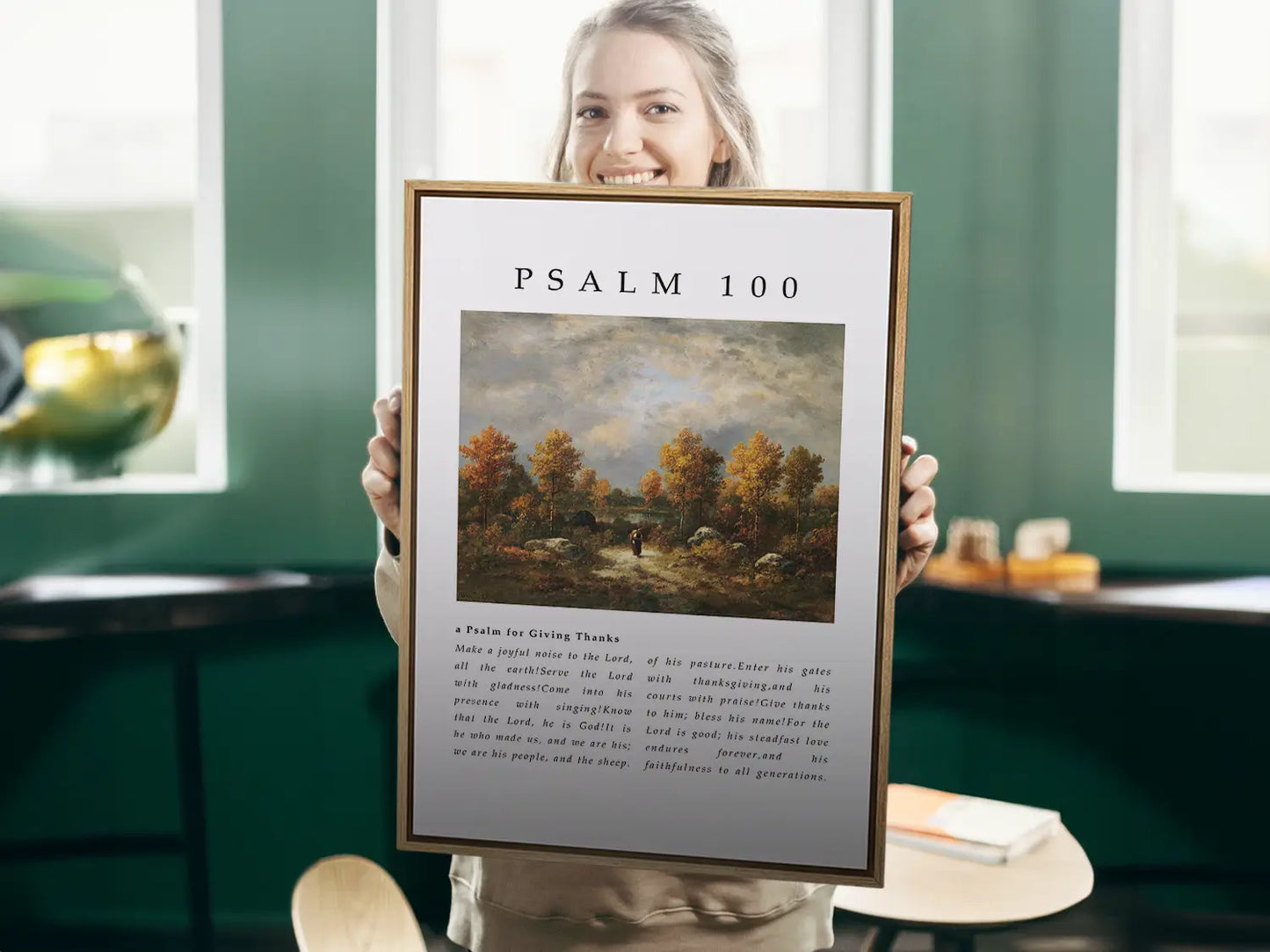Fill your home with the spirit of gratitude and joyful worship with this inspiring Christian canvas wall art. This framed canvas print features the complete, foundational text of Psalm 100, paired with a beautiful, serene landscape painting.