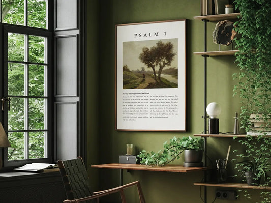Fill your home with the spirit of gratitude and joyful worship with this inspiring Christian canvas wall art. This framed canvas print features the complete, foundational text of Psalm 100, paired with a beautiful, serene landscape painting.