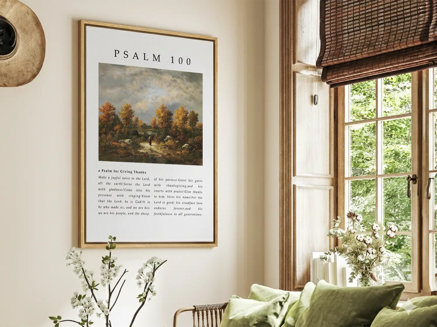 Fill your home with the spirit of gratitude and joyful worship with this inspiring Christian canvas wall art. This framed canvas print features the complete, foundational text of Psalm 100, paired with a beautiful, serene landscape painting.